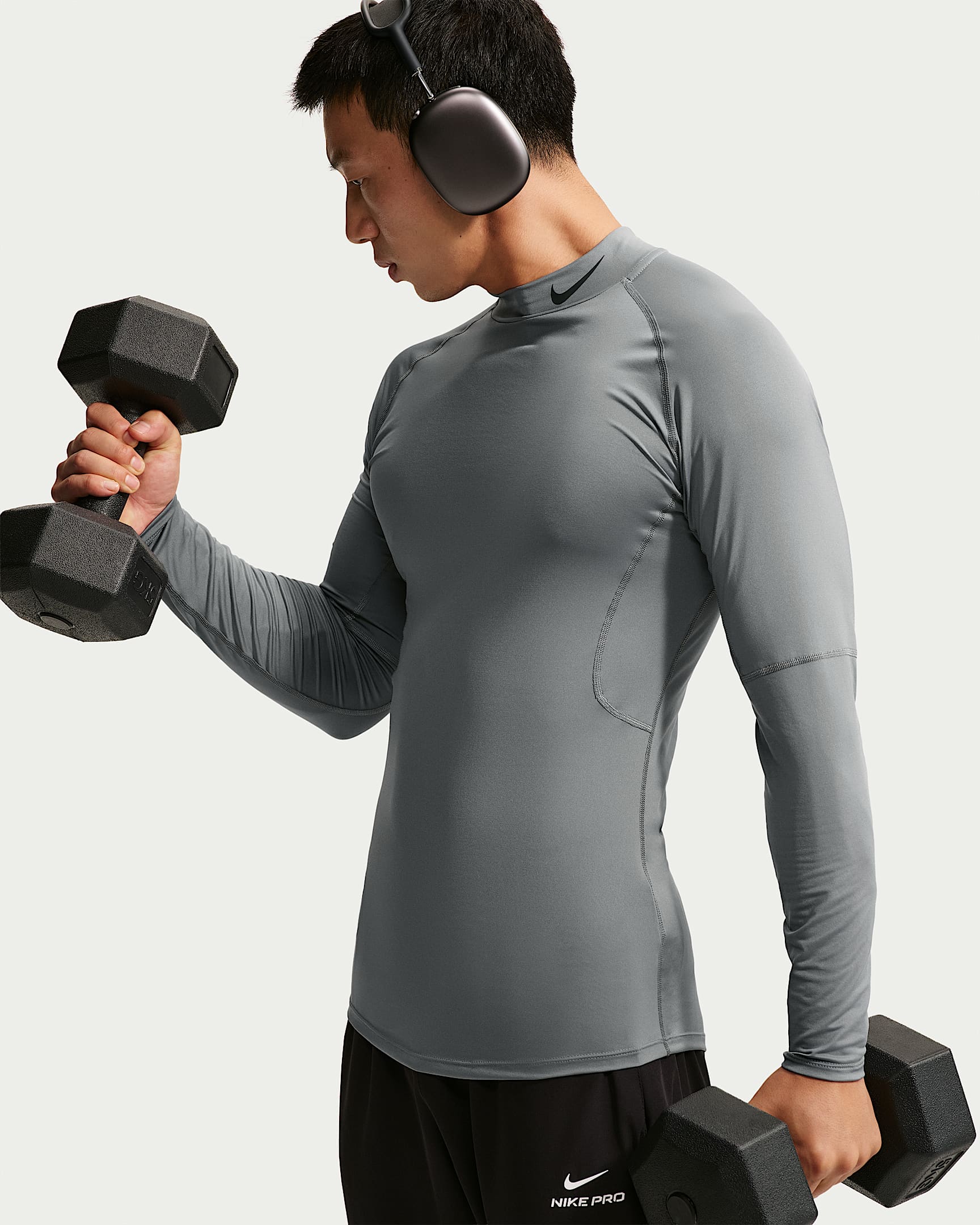 Nike Pro Dri-FIT 男子速干企领长袖紧身训练上衣 - 烟灰/黑