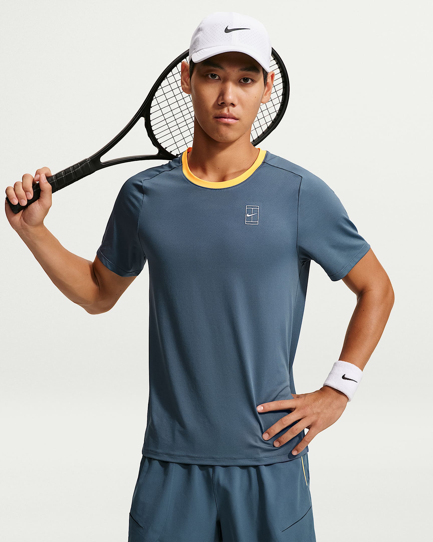NikeCourt Advantage Dri-FIT 男子速干短袖网球上衣 - 新石板蓝/激光橙/白色