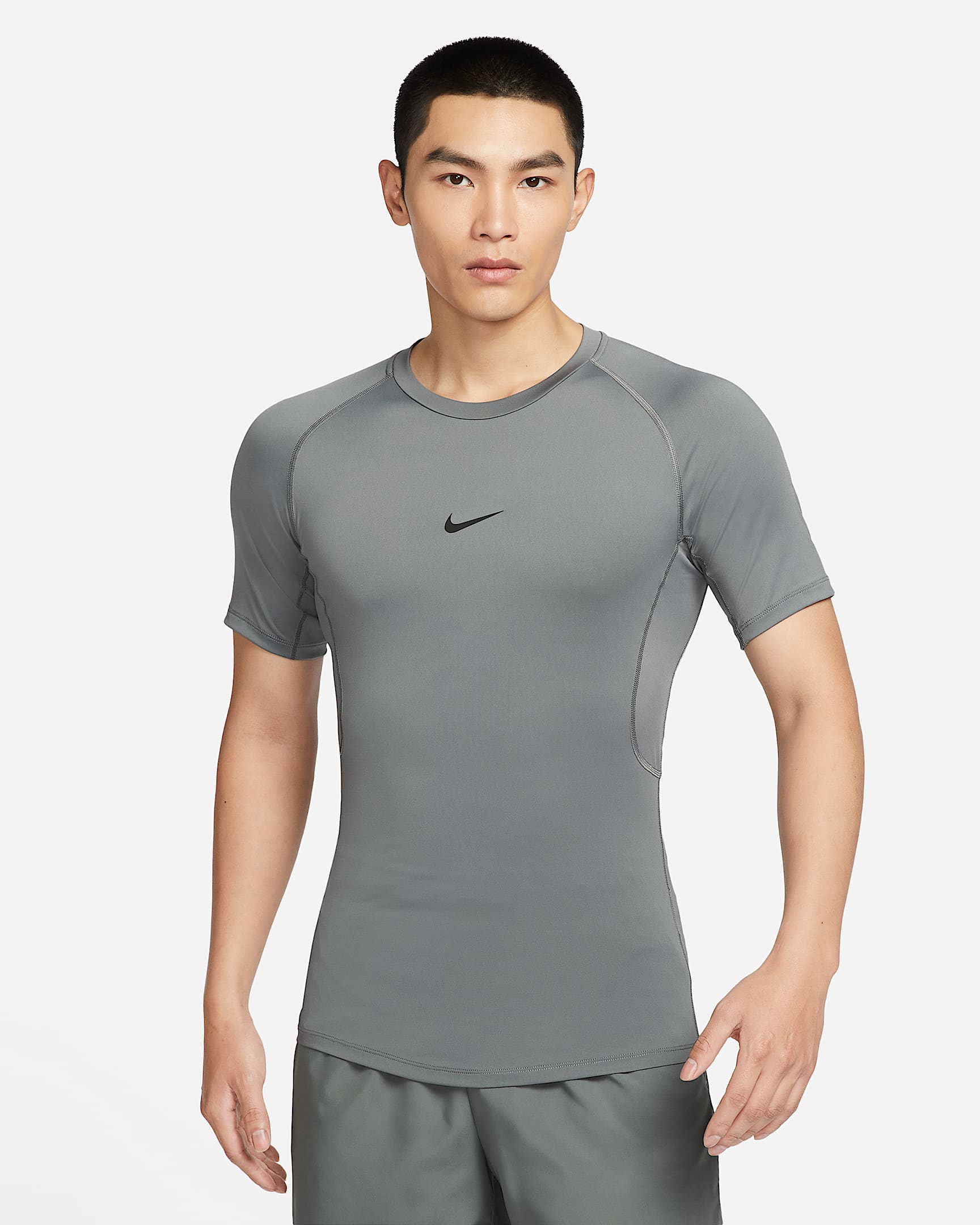 Nike Pro Dri-FIT 男子速干紧身短袖训练上衣 - 烟灰/黑
