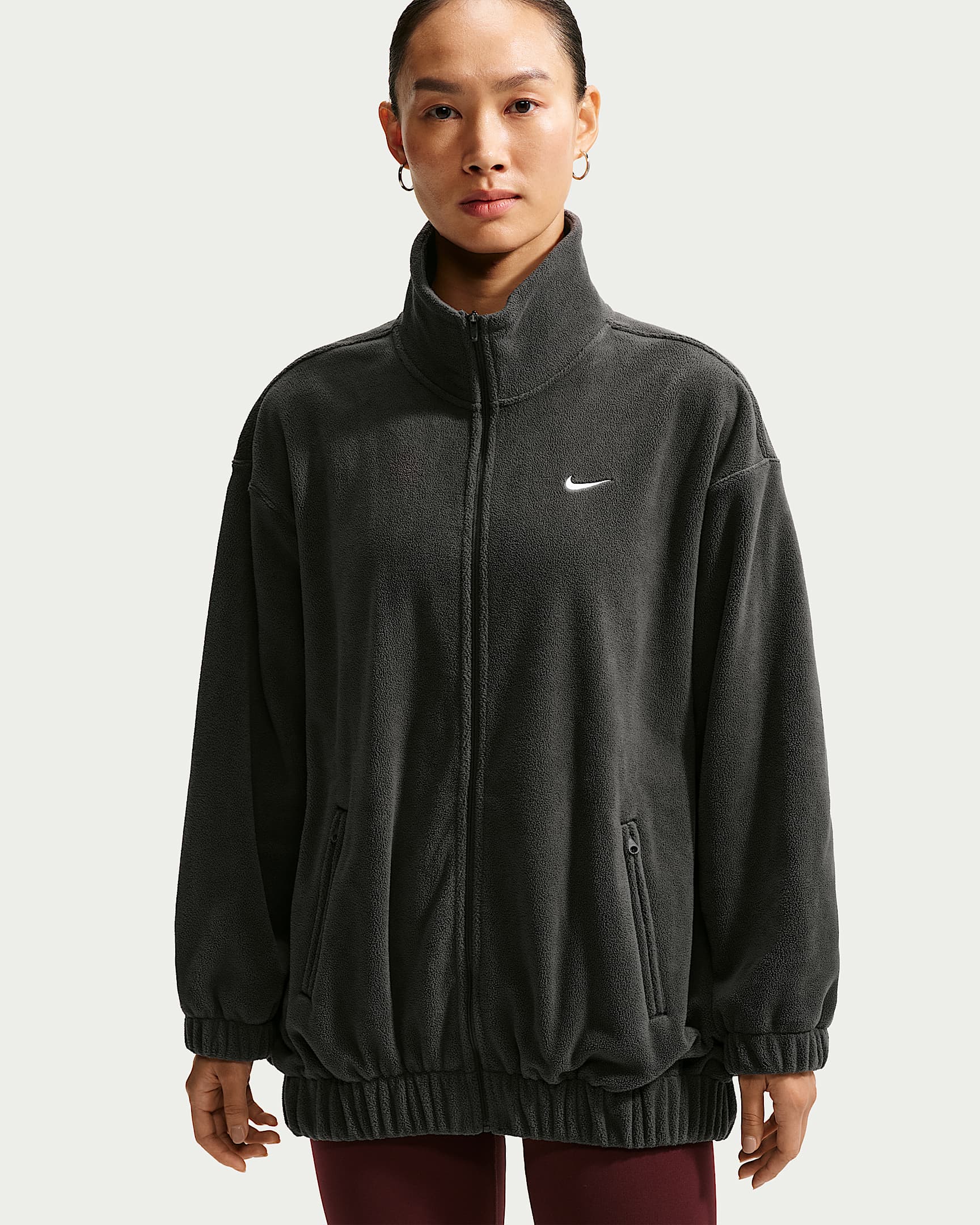 Nike One Therma-FIT 女子 Oversize 风摇粒绒全长拉链开襟夹克 - 暗烟灰/白色