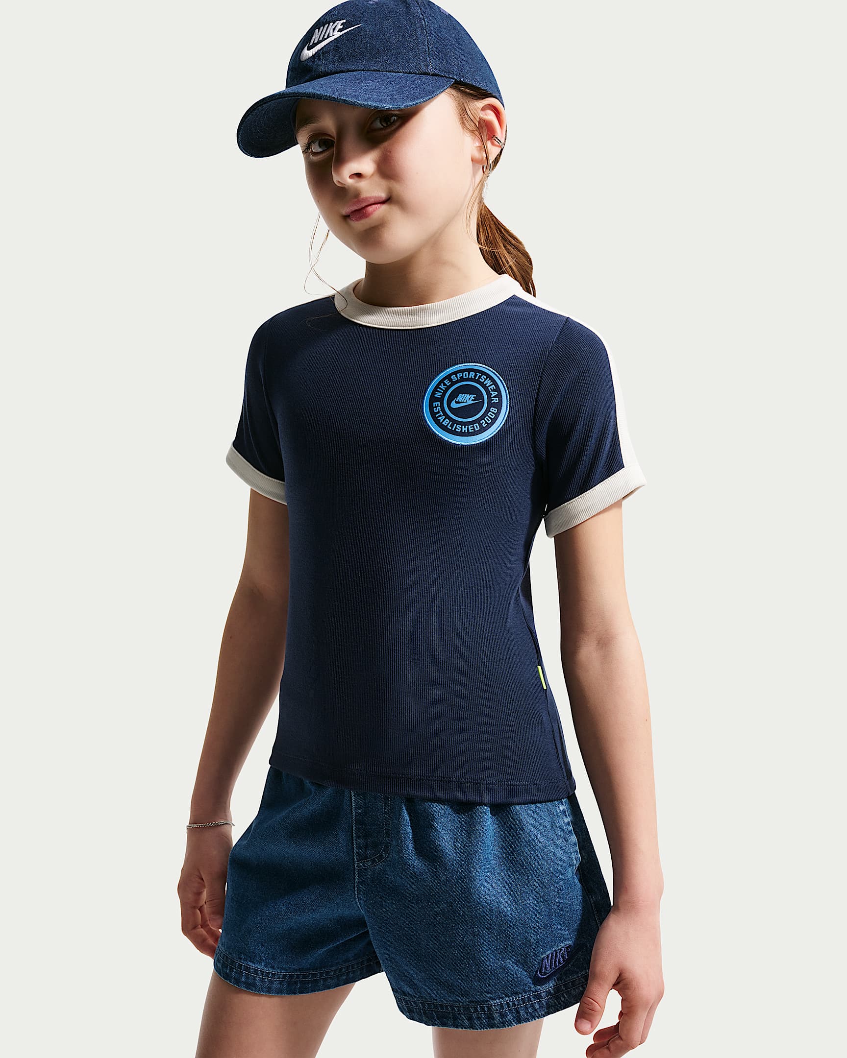 Nike Sportswear 大童（女孩）短袖罗纹上衣 - 深藏青/珍珠灰/深藏青/大学蓝