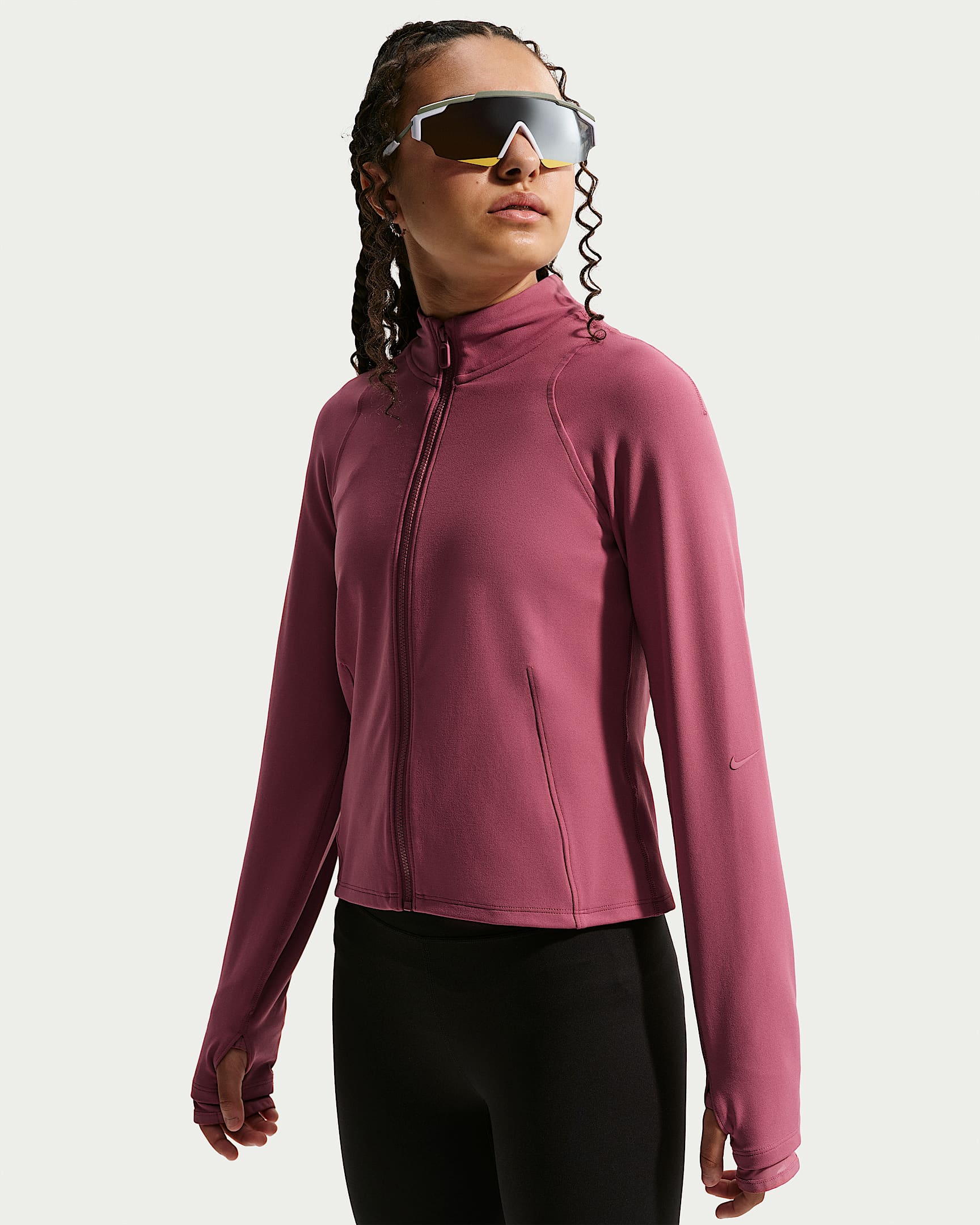 Nike MAVN Dri-FIT 耐克好动心系列大童(女孩)速干修身全长拉链开襟长袖上衣 - 烟灰粉/烟灰粉