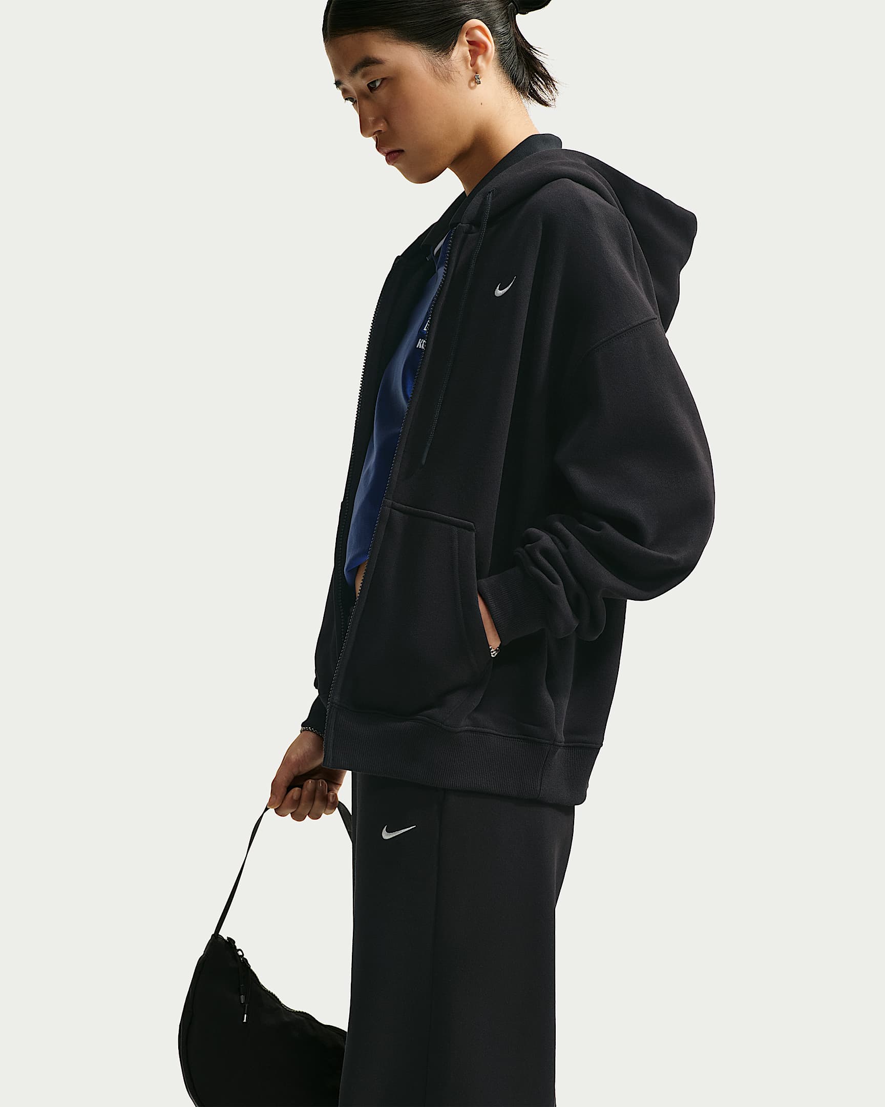 Nike Studio Fleece Medium Weight 耐克廓系卫衣系列女子 Oversize 风中克重加绒全长拉链开襟连帽衫 - Total Black/帆白