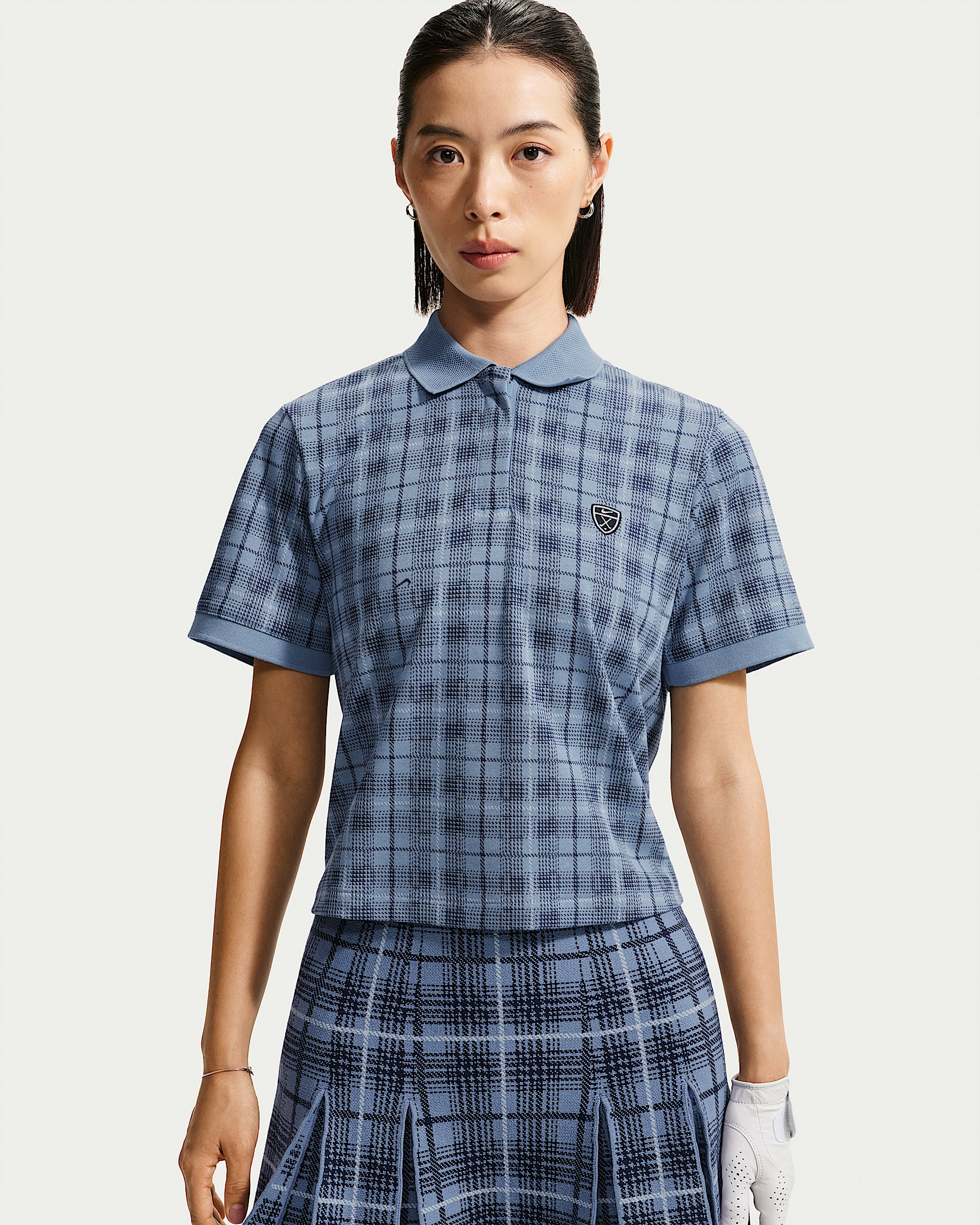 Nike Fairway Fresh Dri-FIT 女子速干短袖格纹高尔夫翻领T恤 - 工作蓝/白色