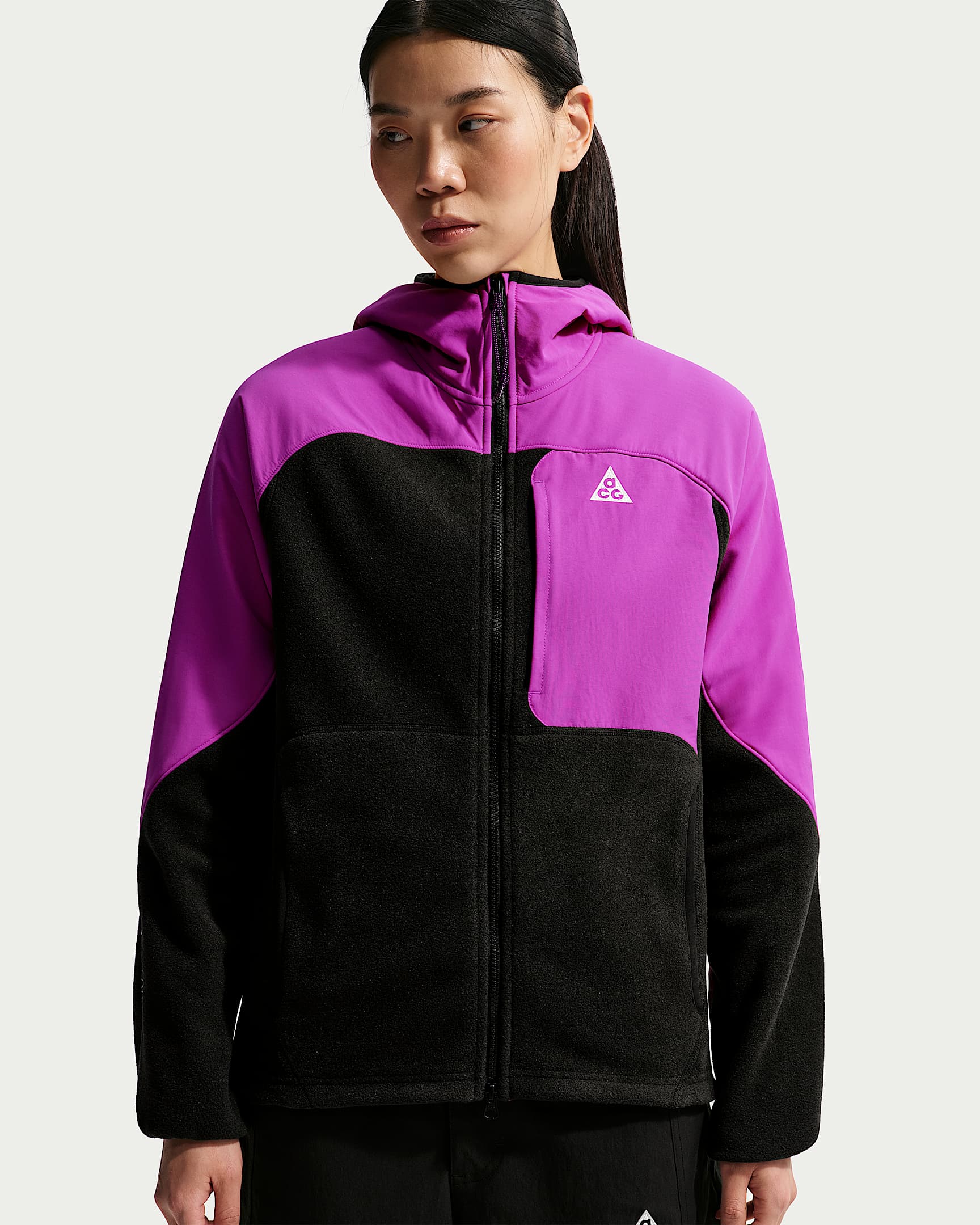 Nike ACG "Wolf Tree" Plus 男子全长拉链开襟摇粒绒连帽中间层上衣 - 明亮紫/黑/安全橙/山峰白