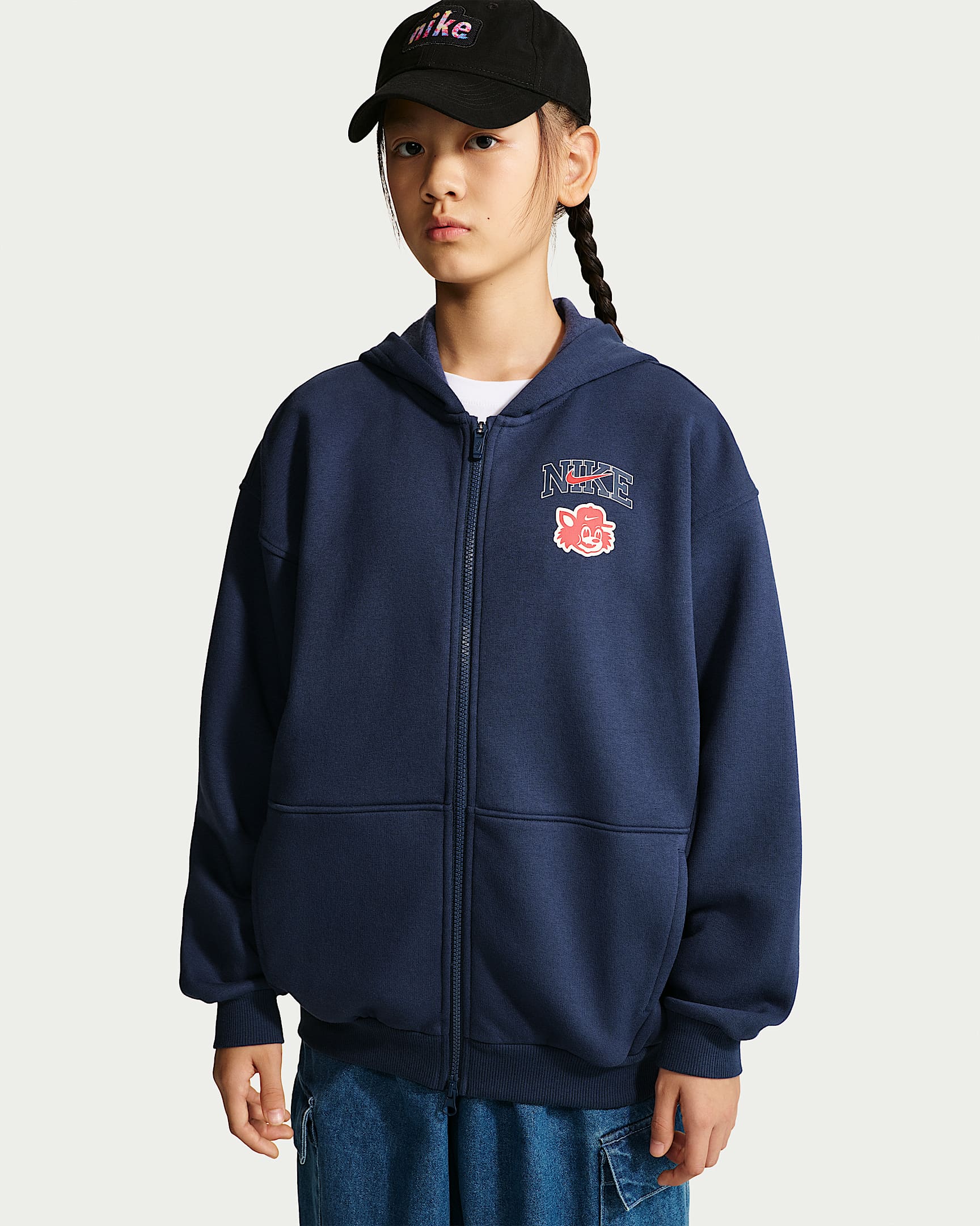 Nike Sportswear Club 大童(女孩)Oversize 风加绒全长拉链开襟连帽衫 - 深藏青