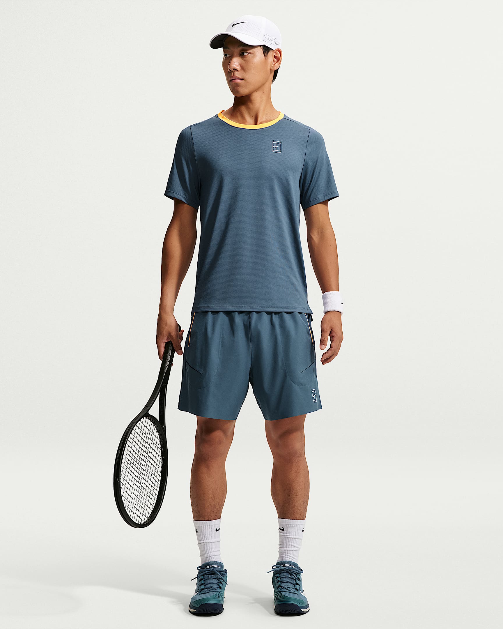 NikeCourt Advantage Dri-FIT 男子速干网球短裤 - 新石板蓝/激光橙/白色