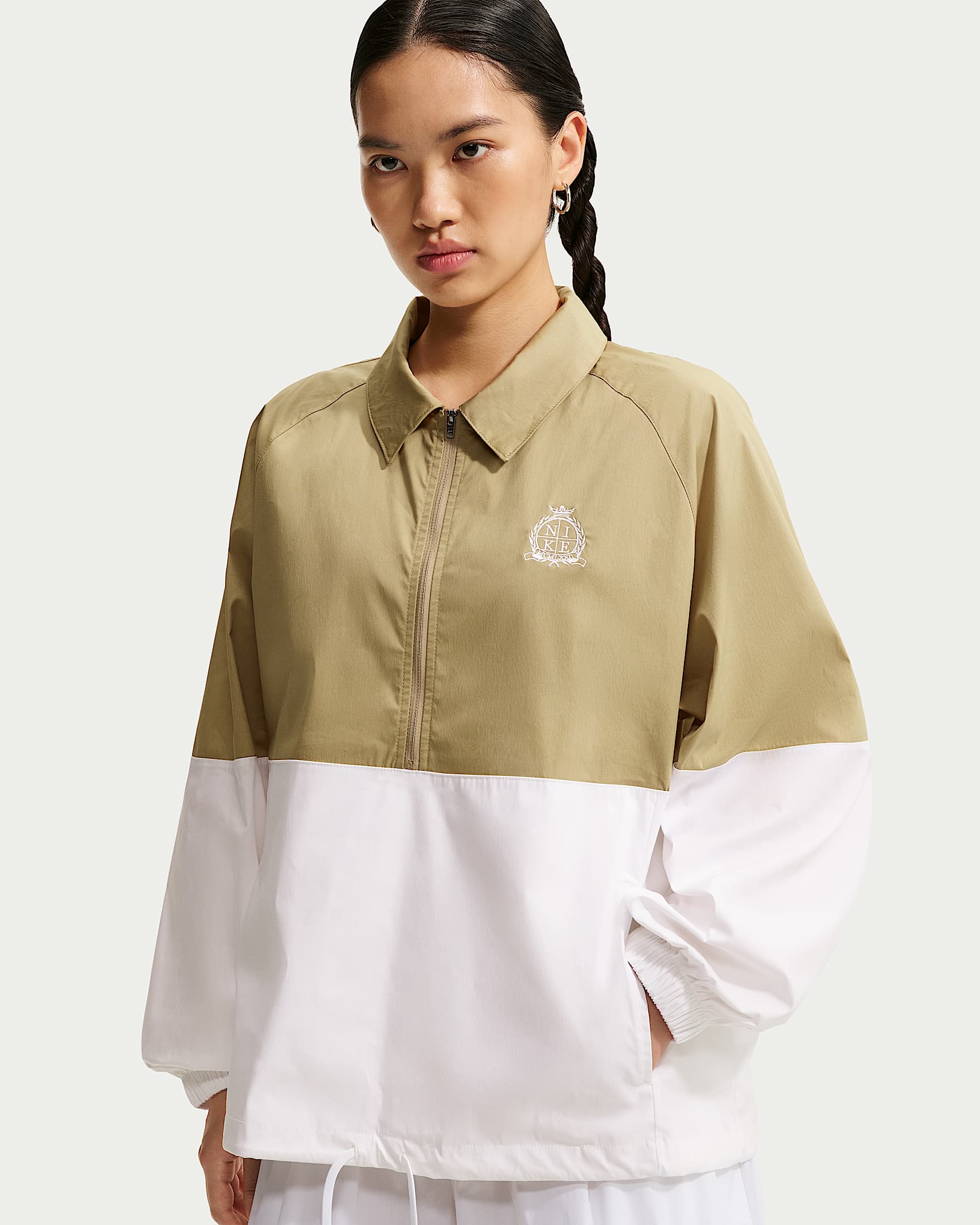 Nike Sportswear 女子 Oversize 风府绸半长拉链开襟上衣 - 杏茶色/白色/白色