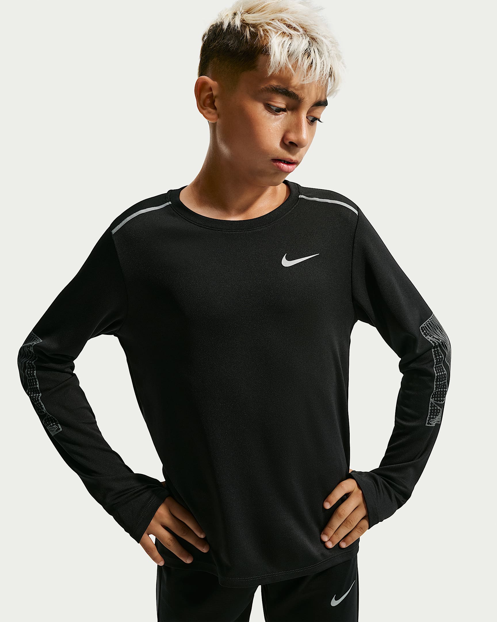 Nike Miler Dri-FIT 速干科技大童 ( 男孩 ) 防晒长袖上衣 - 黑/黑