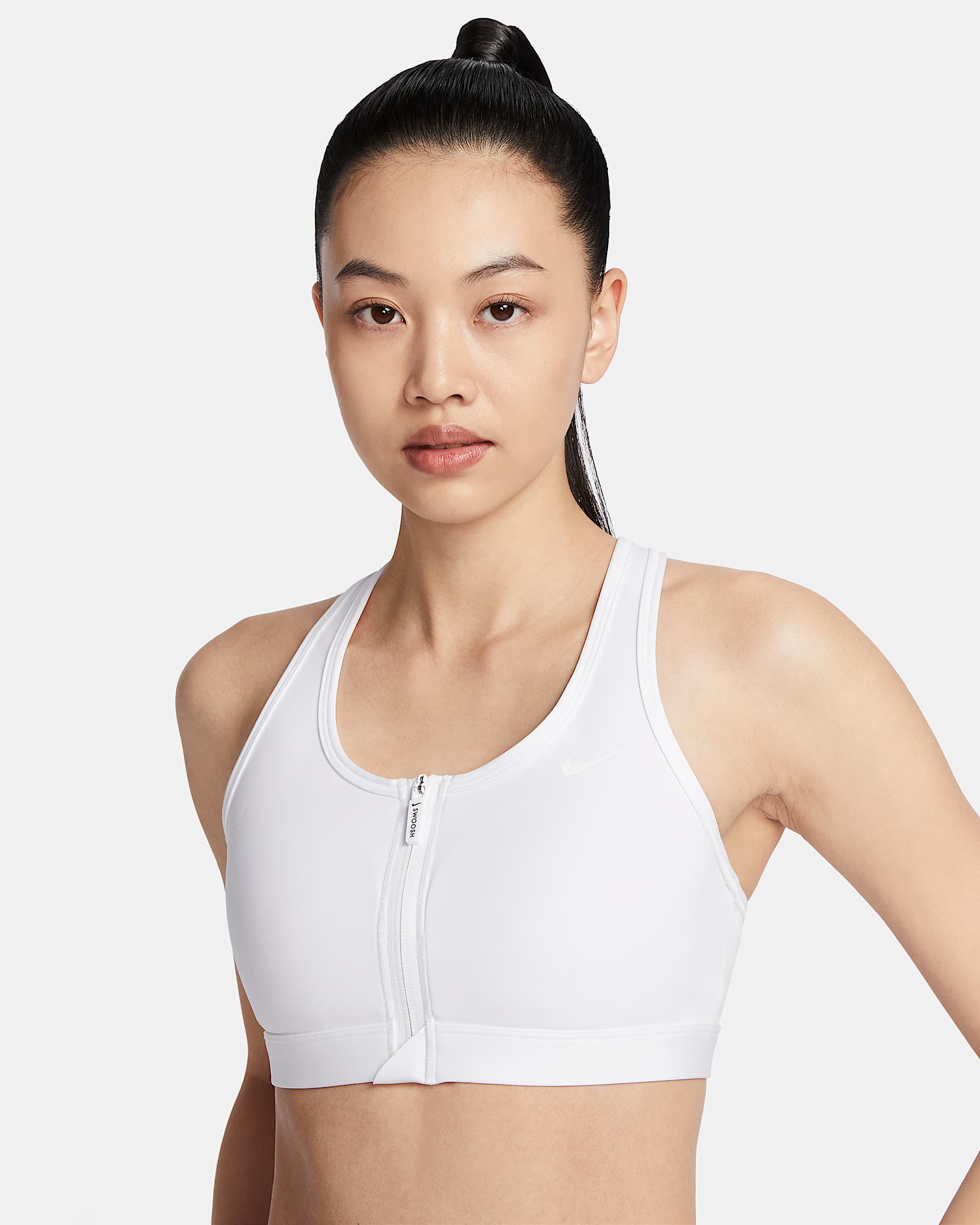 Nike Swoosh 女子中强度支撑速干衬垫前拉链运动内衣 - 白色/淡紫粉/白色