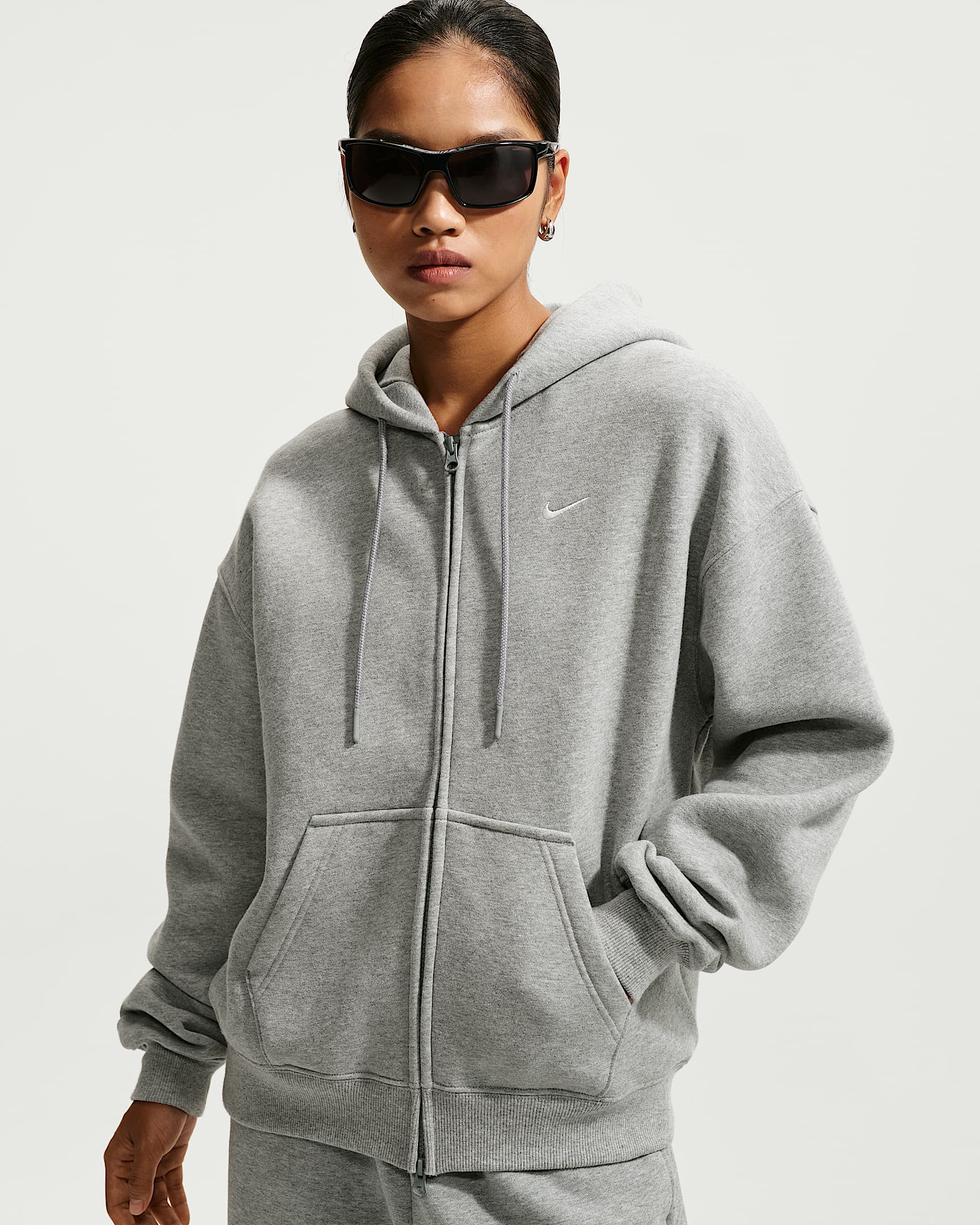 Nike Studio Fleece Medium Weight 耐克廓系卫衣系列女子 Oversize 风中克重加绒全长拉链开襟连帽衫 - 调色暗灰/帆白