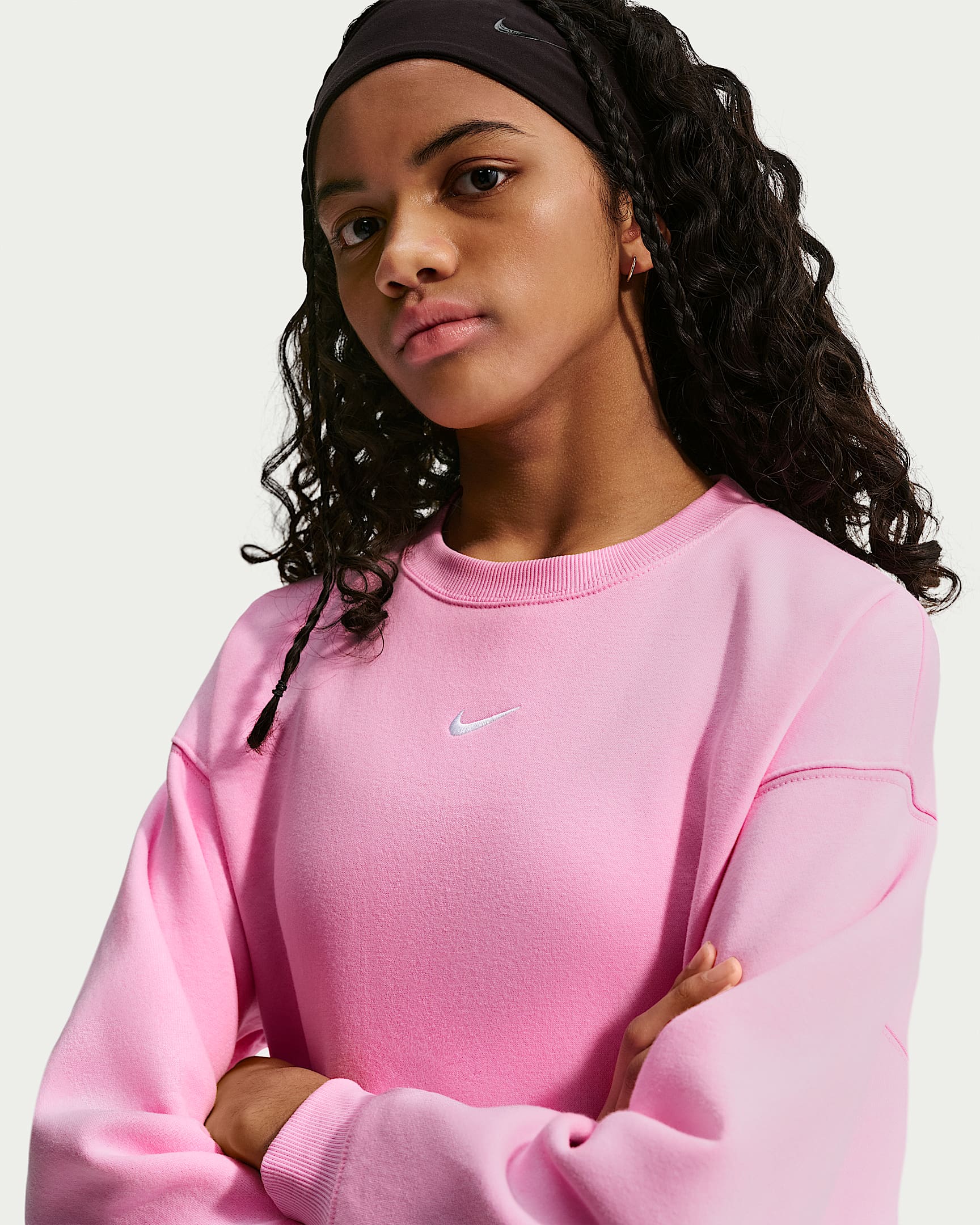 Nike Sportswear Studio Fleece 耐克廓系卫衣系列大童（女孩）Oversize 风加绒圆领运动衫 - 上升粉/白色