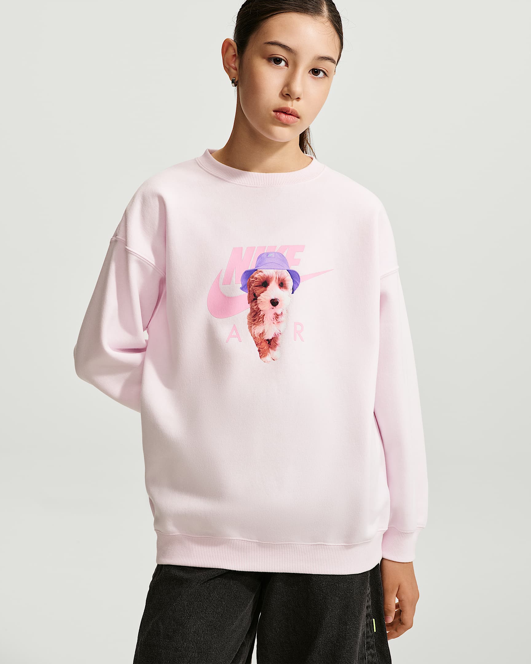 Nike Sportswear Studio Fleece 耐克廓系卫衣系列大童(女孩)Oversize 风加绒圆领运动衫 - 珍珠粉