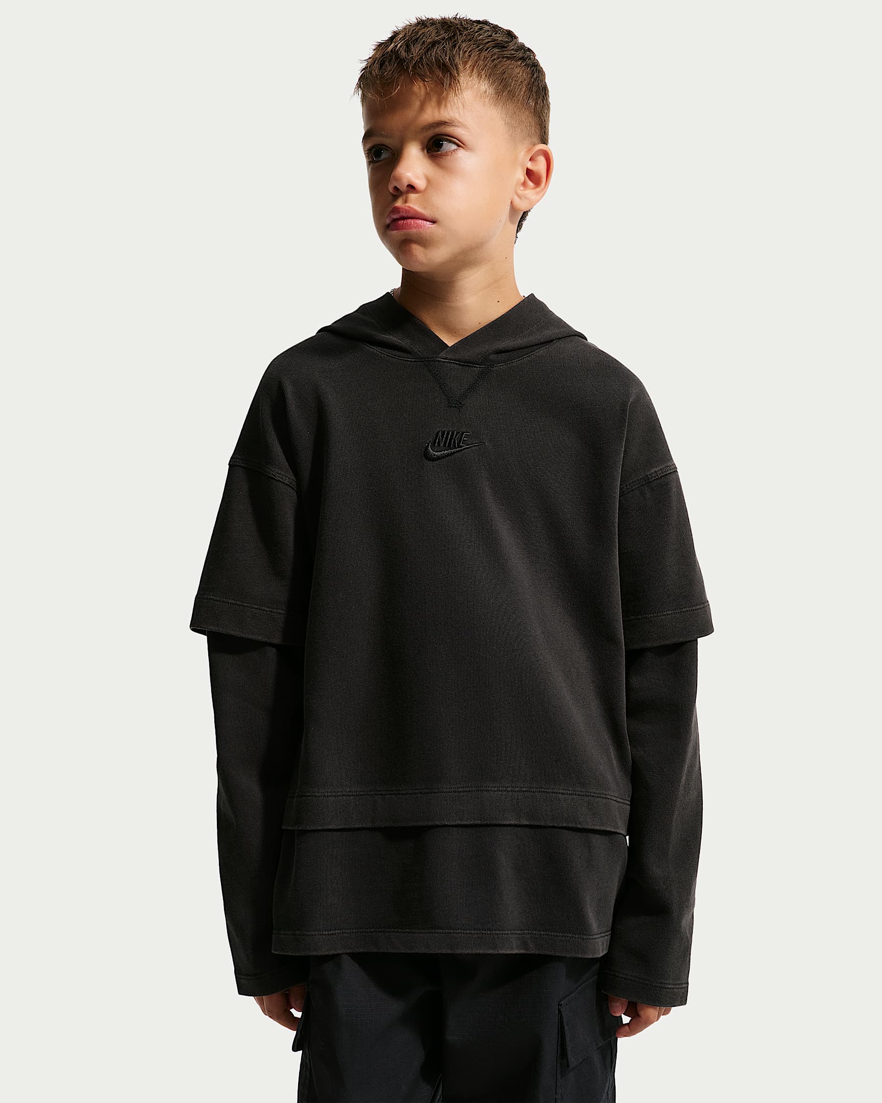 Nike Sportswear Collection 大童假两件式长袖上衣 - 黑/黑/荧光黄/黑