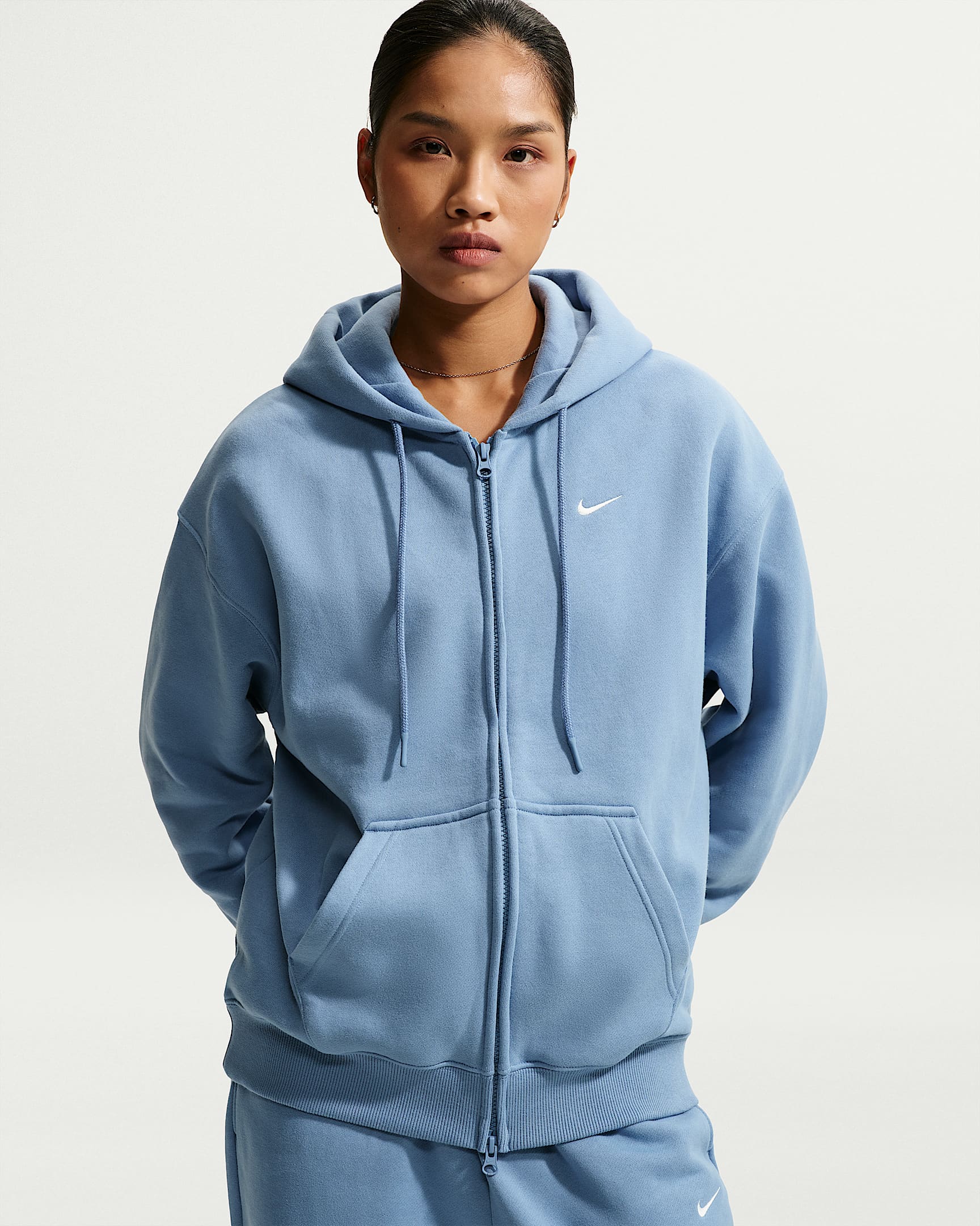 Nike Studio Fleece Medium Weight 耐克廓系卫衣系列女子 Oversize 风中克重加绒全长拉链开襟连帽衫 - 工作蓝/帆白