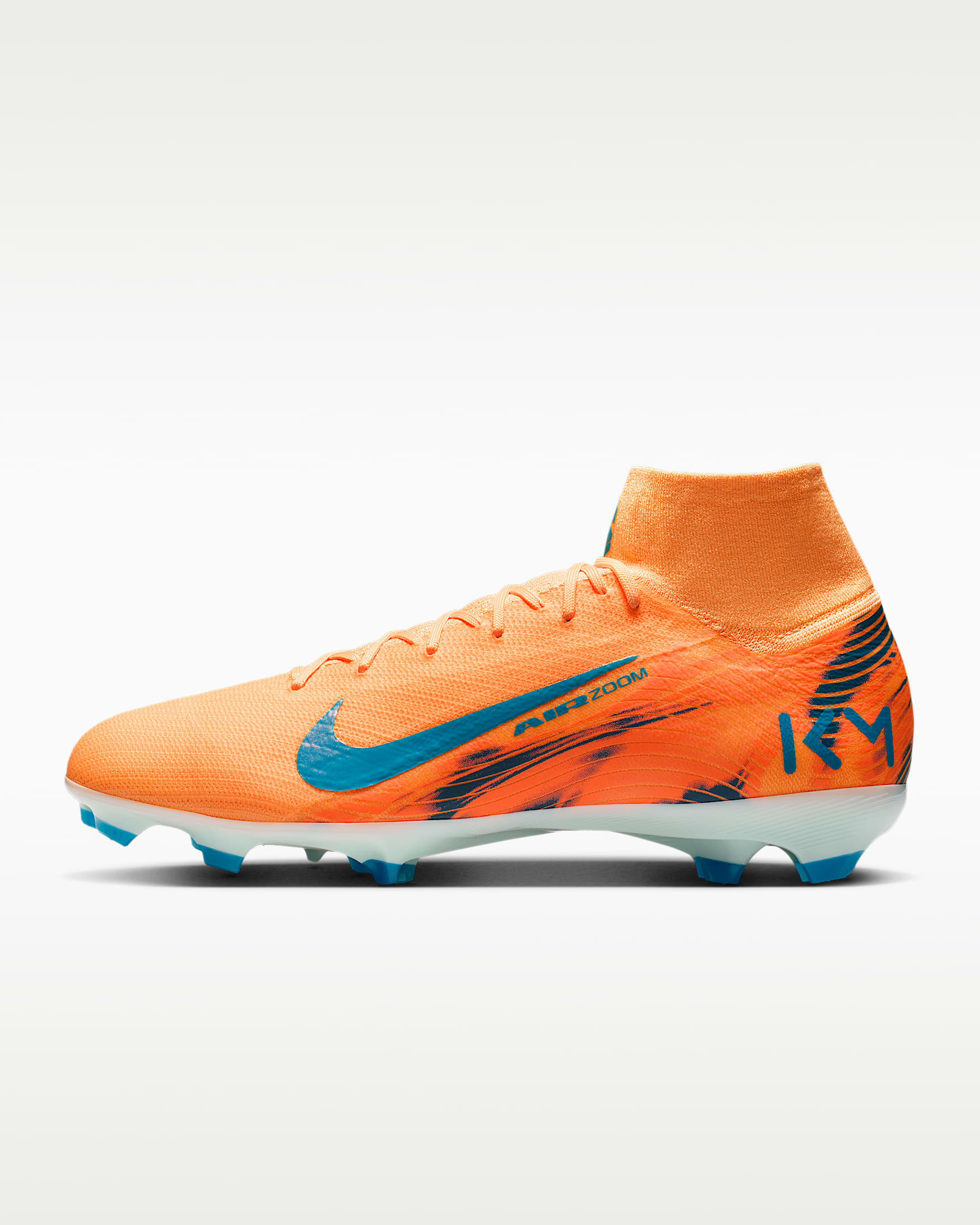 Nike Mercurial Superfly 10 Pro "Kylian Mbappé" 耐克刺客系列姆巴佩男/女 FG 天然硬质草地高帮足球鞋 - 浅甜瓜橙/伊格鲁蓝/孔雀蓝