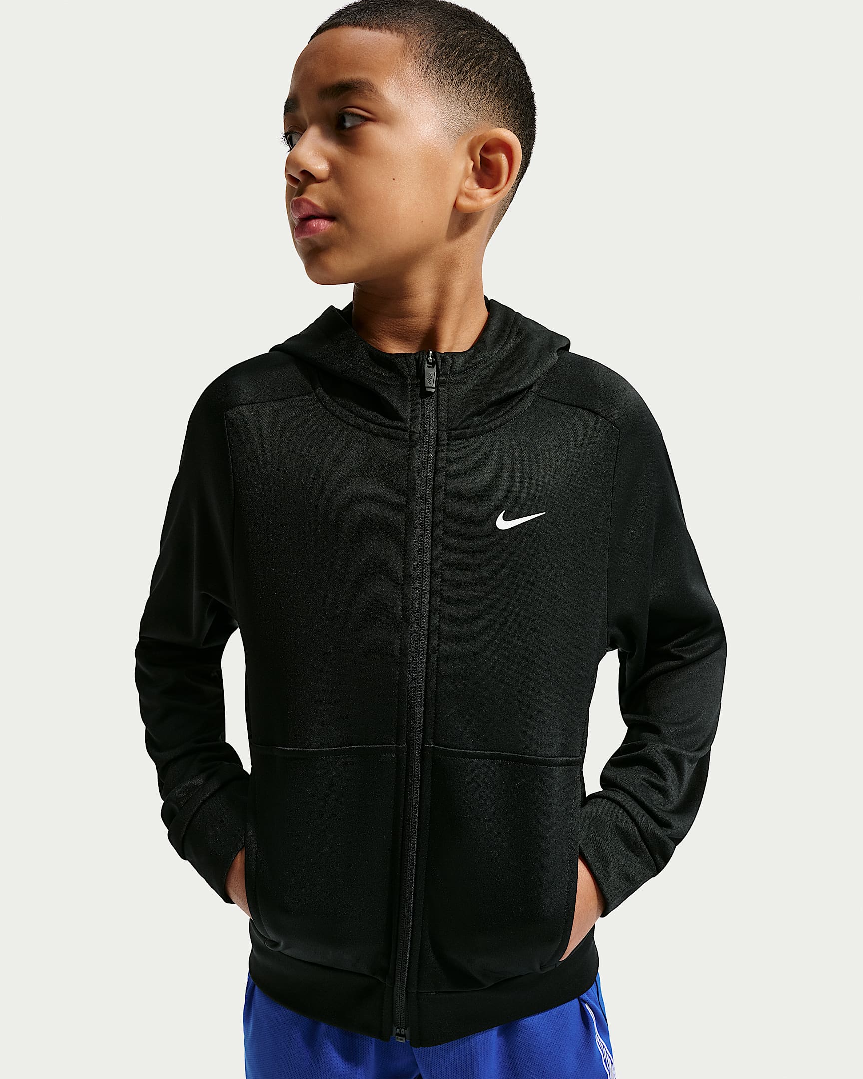 Nike Therma-FIT 大童(男孩)加绒全长拉链开襟连帽衫 - 黑/白色