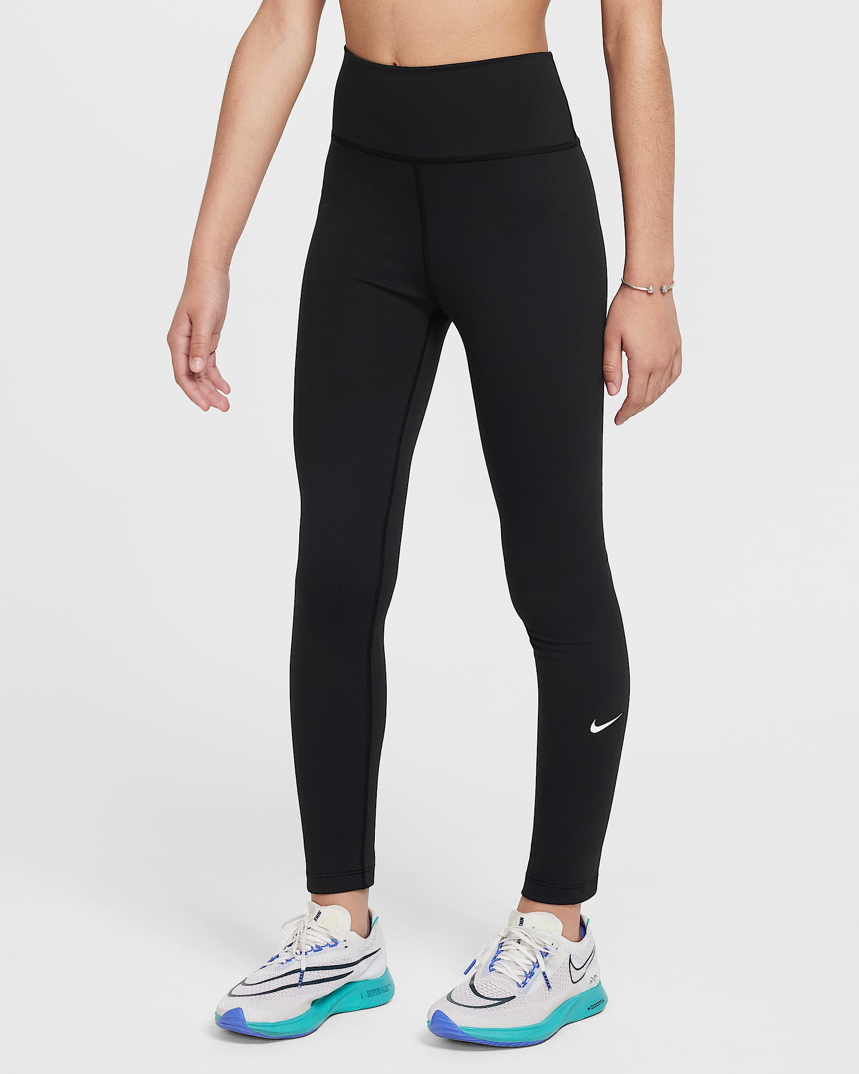 Nike One Dri-FIT 大童(女孩)速干高腰紧身裤 - 黑/白色