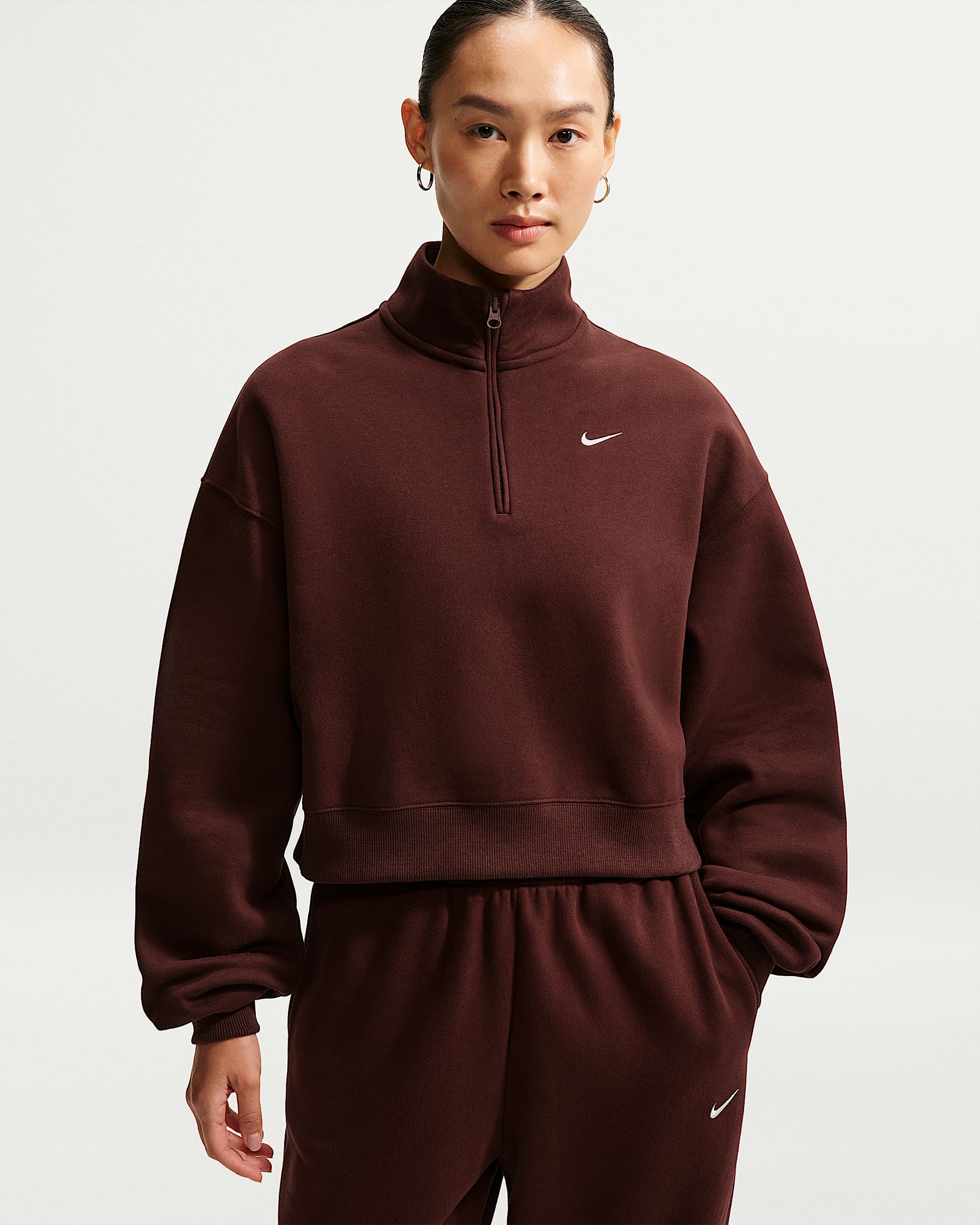 Nike Studio Fleece Medium Weight 耐克廓系卫衣系列女子 Oversize 风中克重加绒短款上衣 - 神秘枣红/帆白