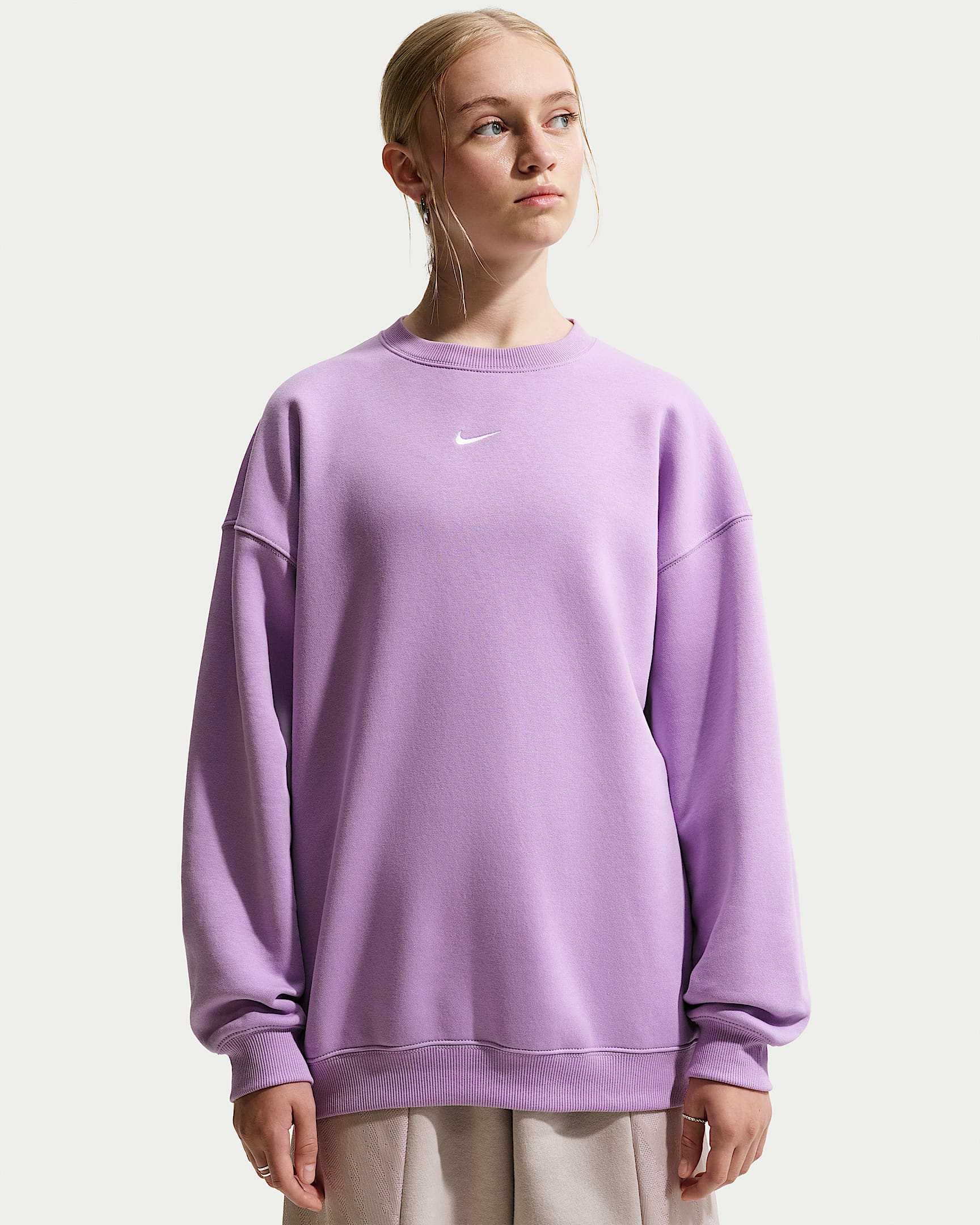 Nike Sportswear Studio Fleece 耐克廓系卫衣系列大童（女孩）Oversize 风加绒圆领运动衫 - 星紫/白色