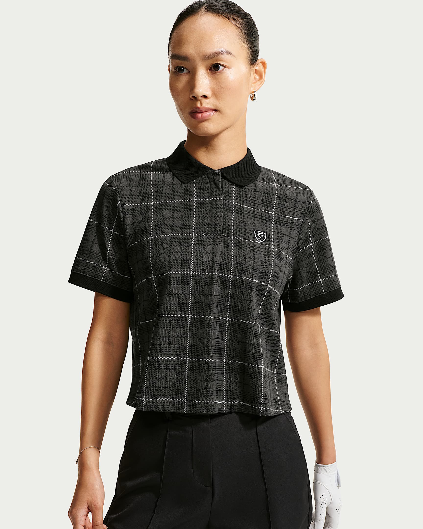 Nike Fairway Fresh Dri-FIT 女子速干短袖格纹高尔夫翻领T恤 - 黑/白色