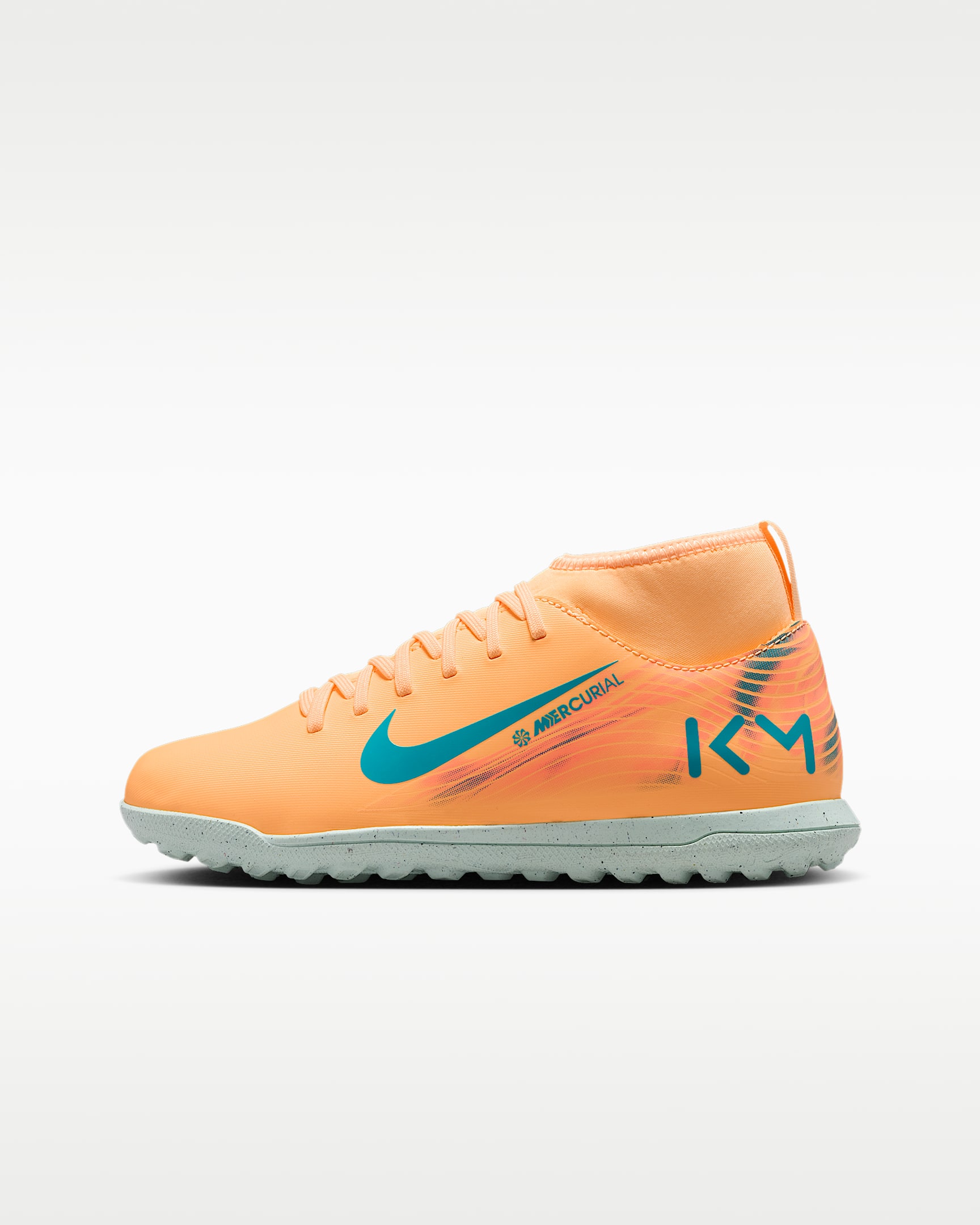 Nike Jr. Mercurial Superfly 10 Club "Kylian Mbappé" 耐克刺客系列姆巴佩大童 TF 人造场地高帮足球鞋 - 浅甜瓜橙/伊格鲁蓝/孔雀蓝