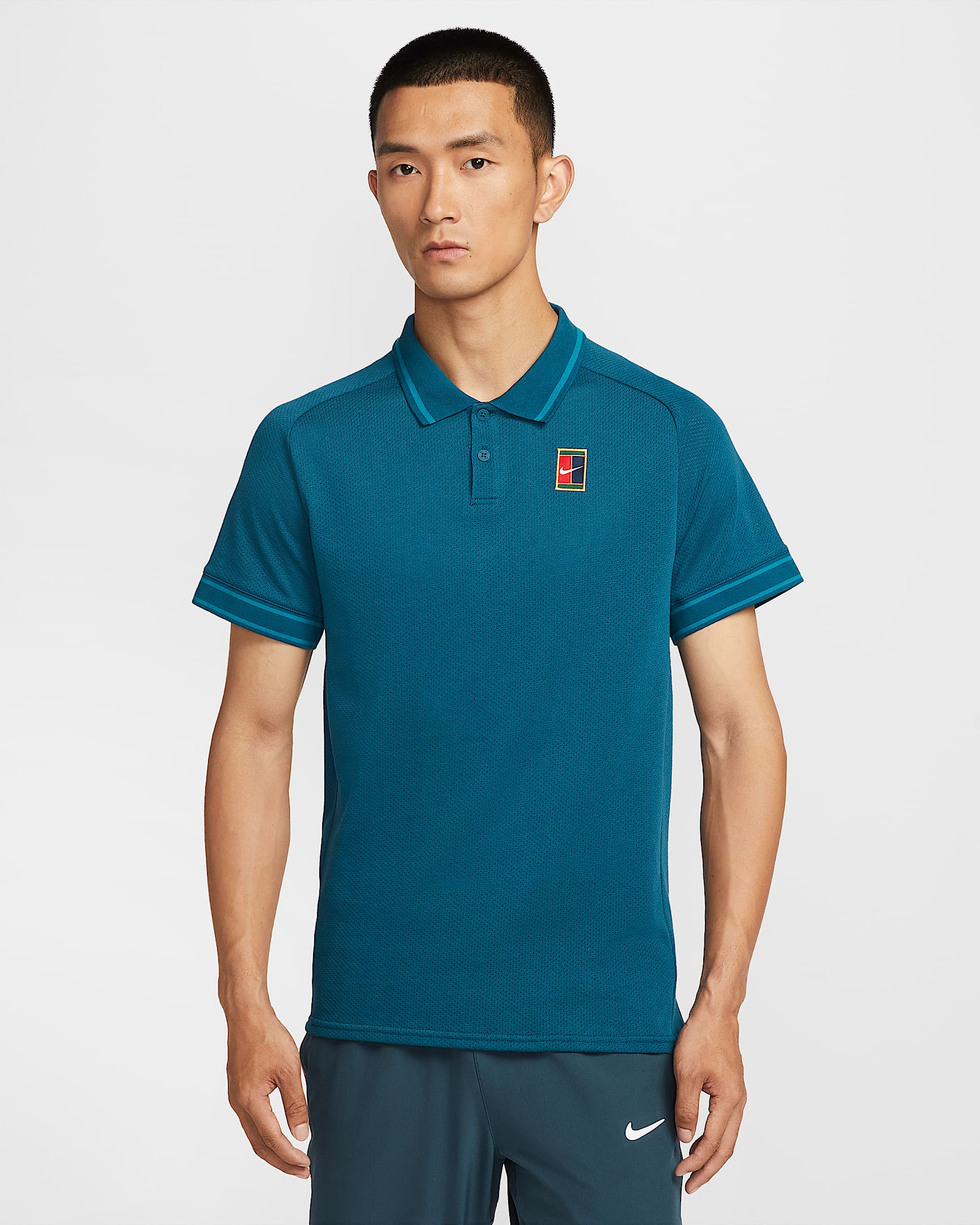 NikeCourt Heritage 耐克网球运动员同款男子网球翻领T恤 - 力量蓝 (活力蓝)/深渊绿