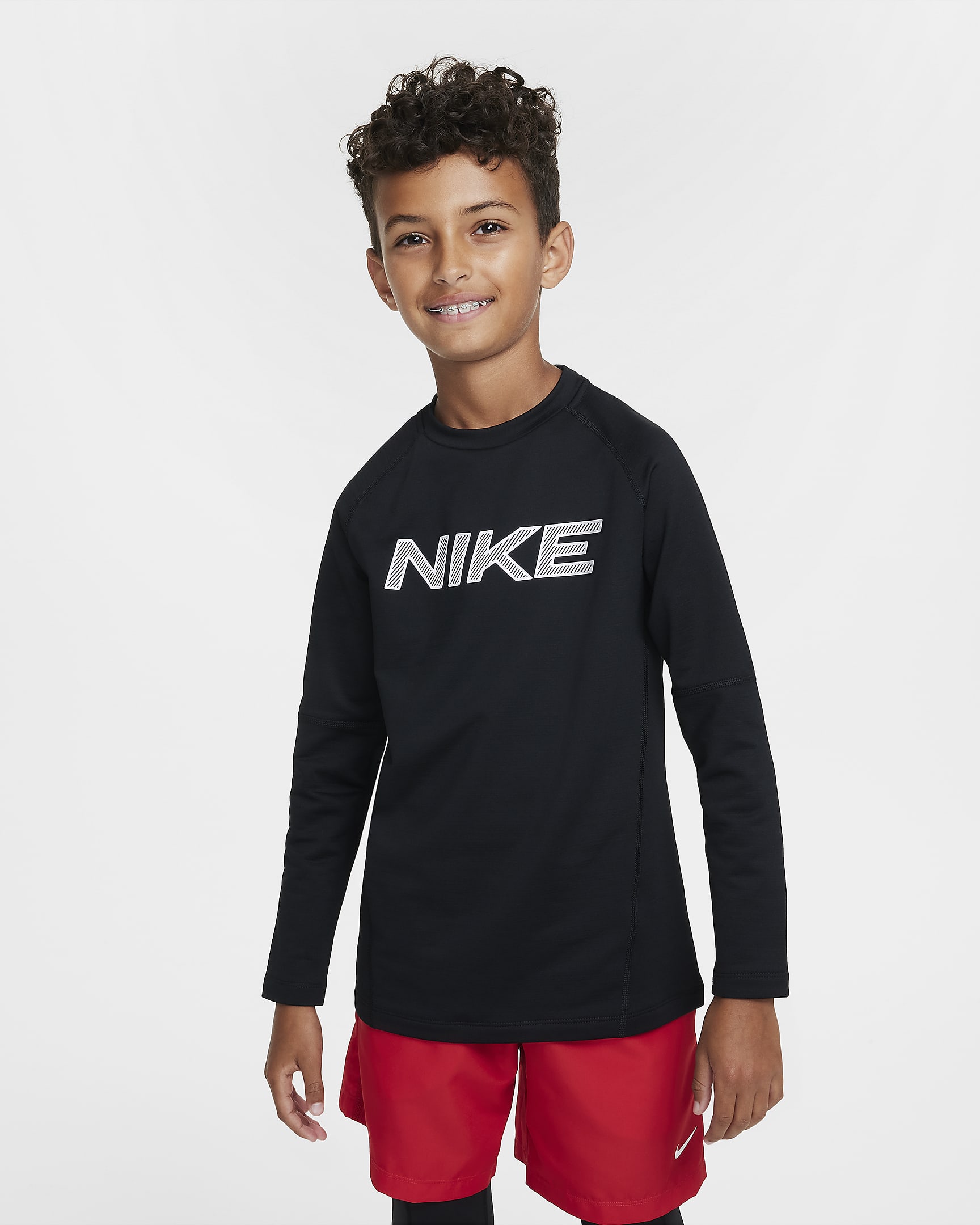 Nike Pro Dri-FIT 大童(男孩)速干薄绒轻微加厚长袖训练上衣 - 黑/白色