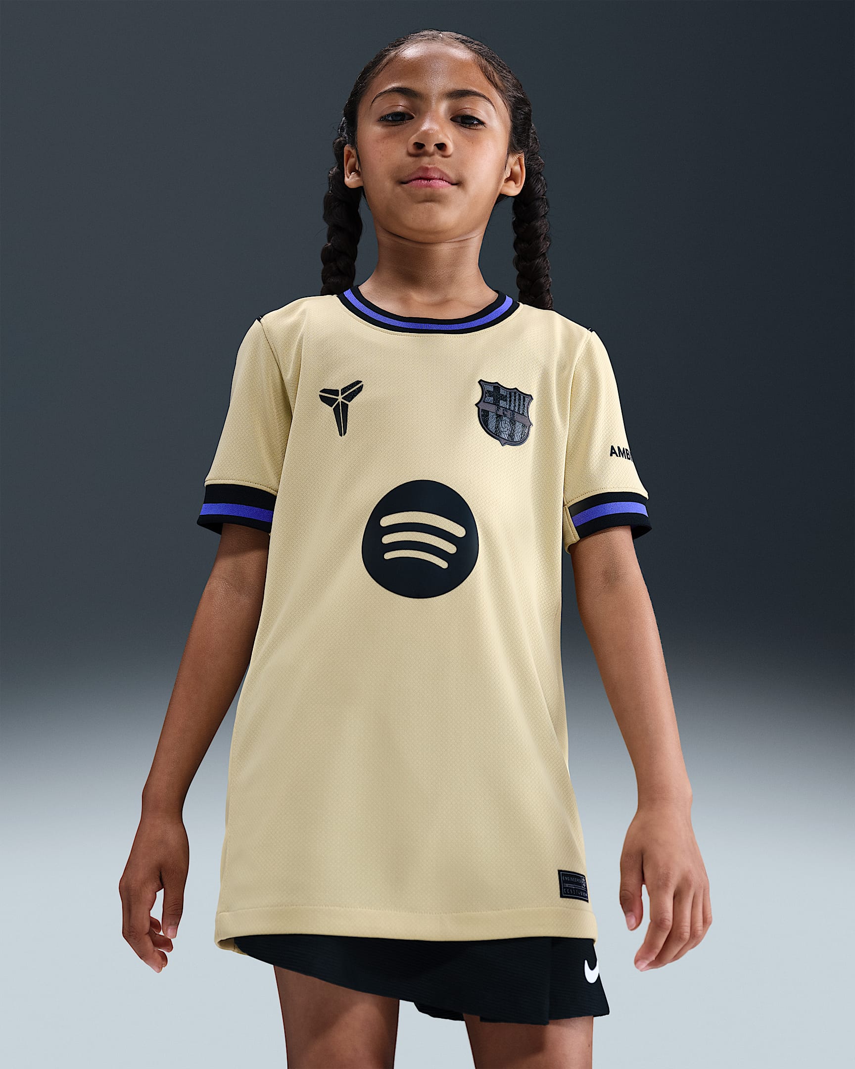 2025/26 赛季巴萨客场球迷版 Kobe Dri-FIT 科比大童速干足球球衣 - 团队金/团队金/波斯紫/黑