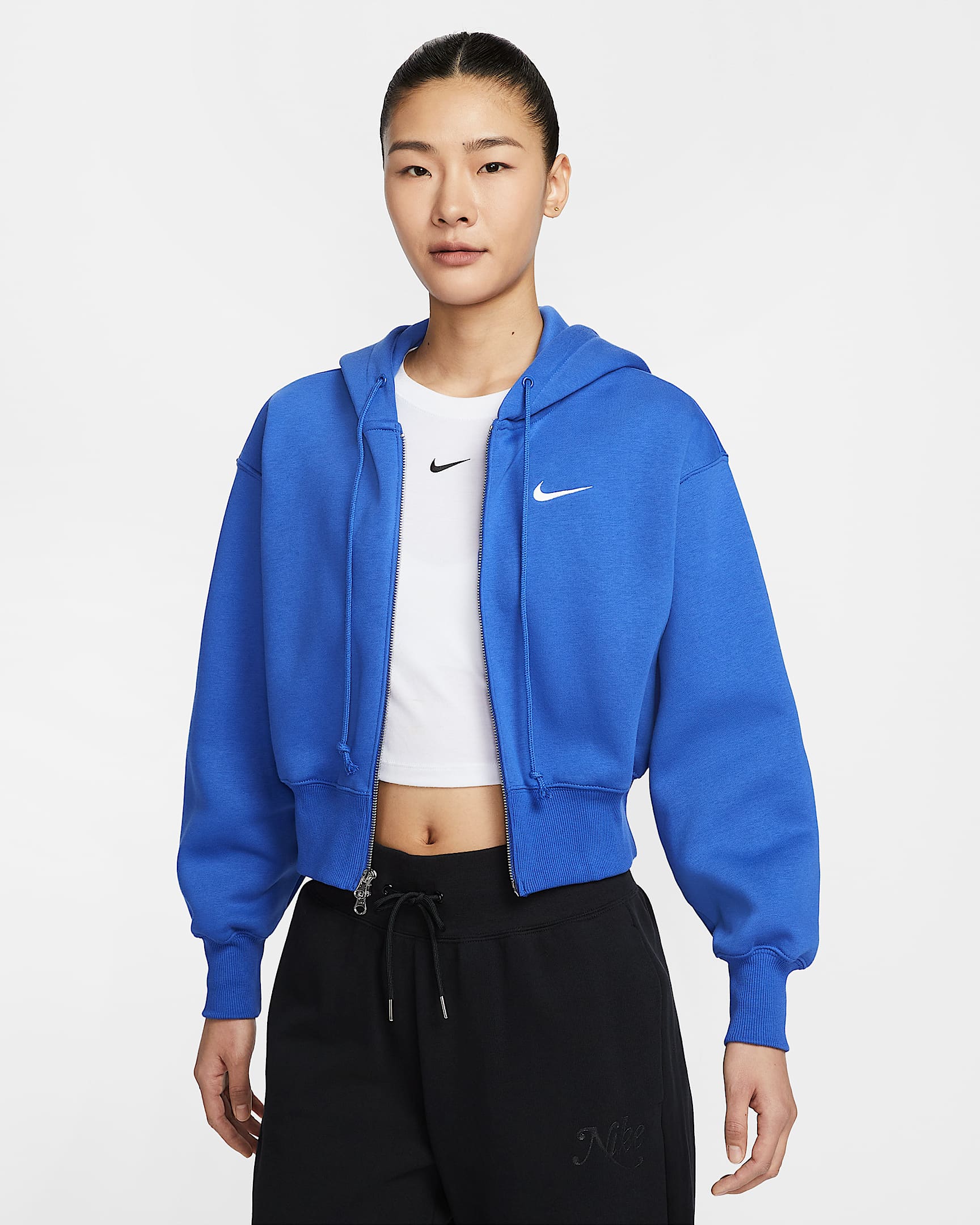 Nike Sportswear Phoenix Fleece 女子宽松短款全长拉链开襟加绒连帽衫 - 游戏宝蓝/帆白