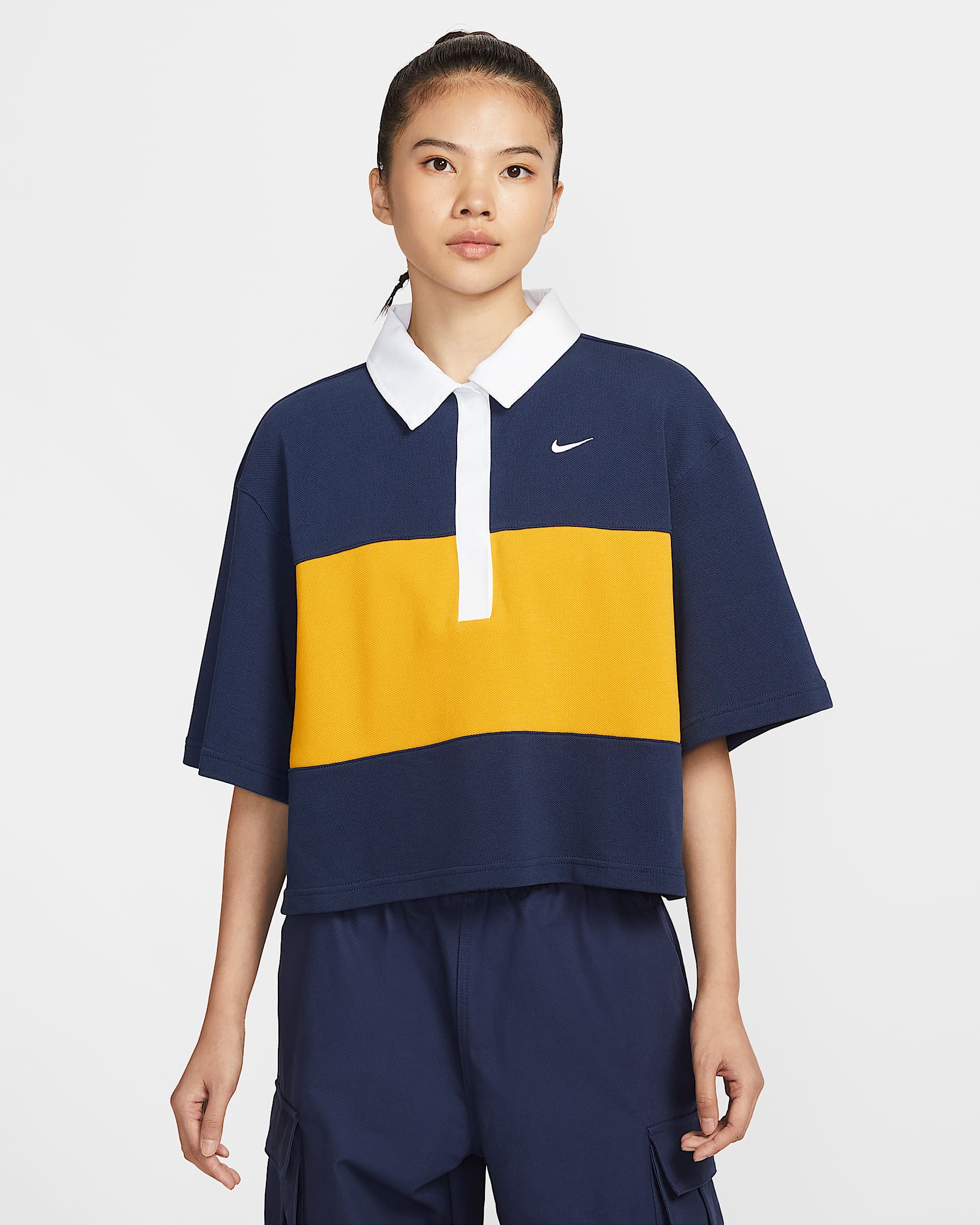 Nike Sportswear 女子 Oversize 风短袖翻领上衣 - 深藏青/暗硫色/白色/白色