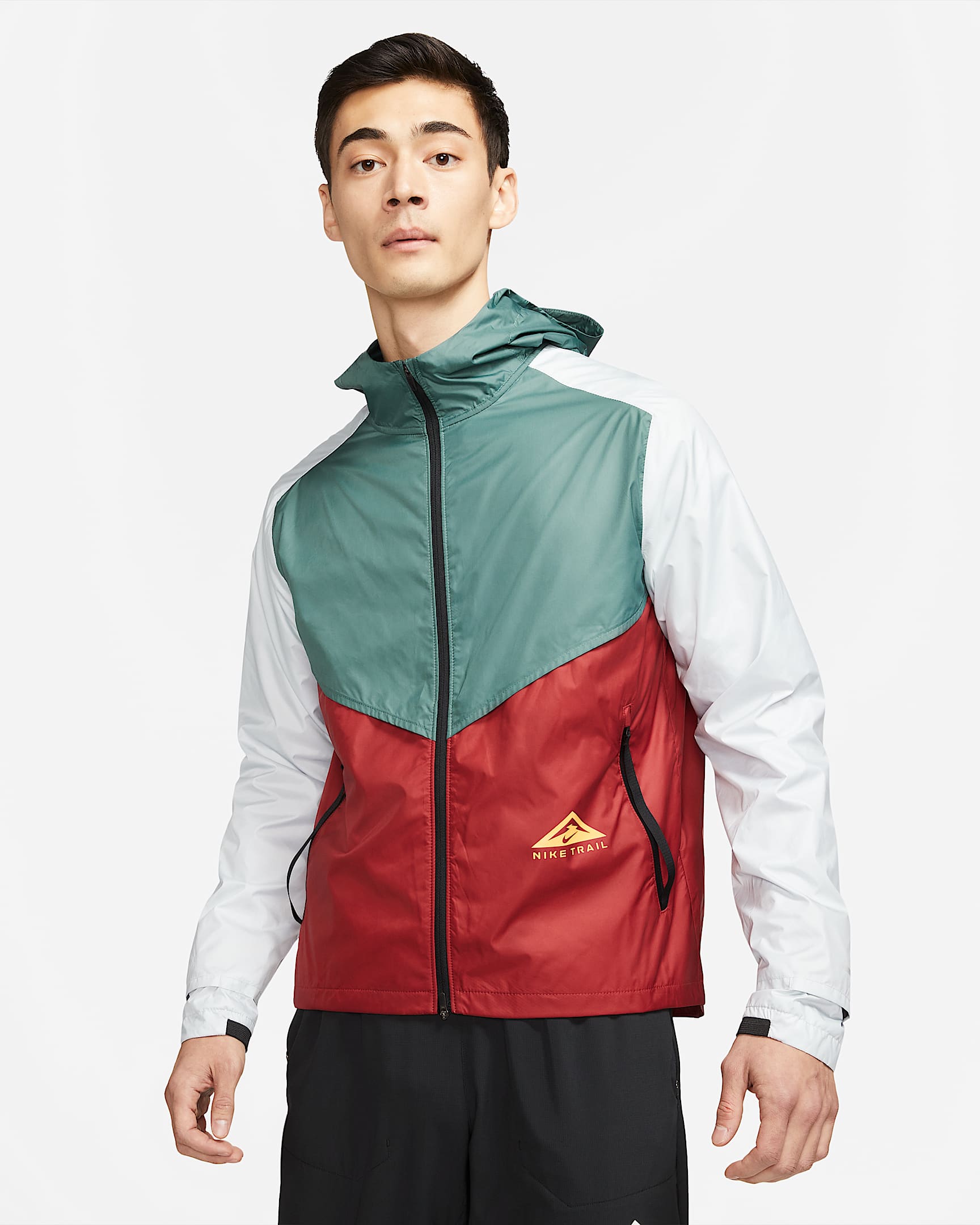 Nike Windrunner 男子越野跑步夹克 - 戟叶绿/暗椒红/白金色/日晕黄