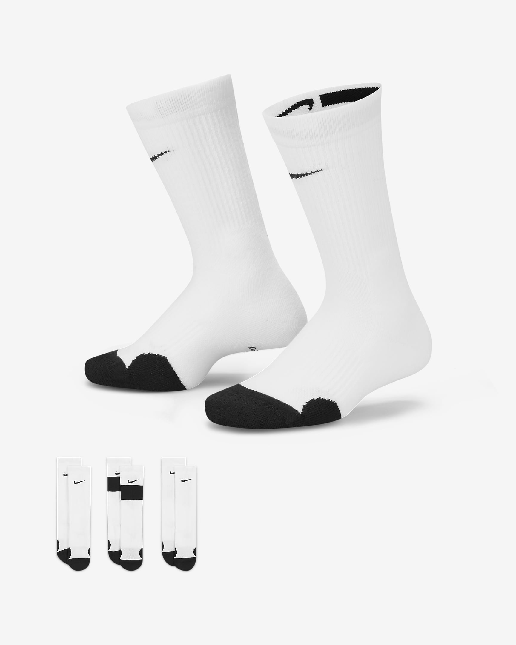 Nike Elite 大童速干中筒篮球袜(3 双) - 白色/黑