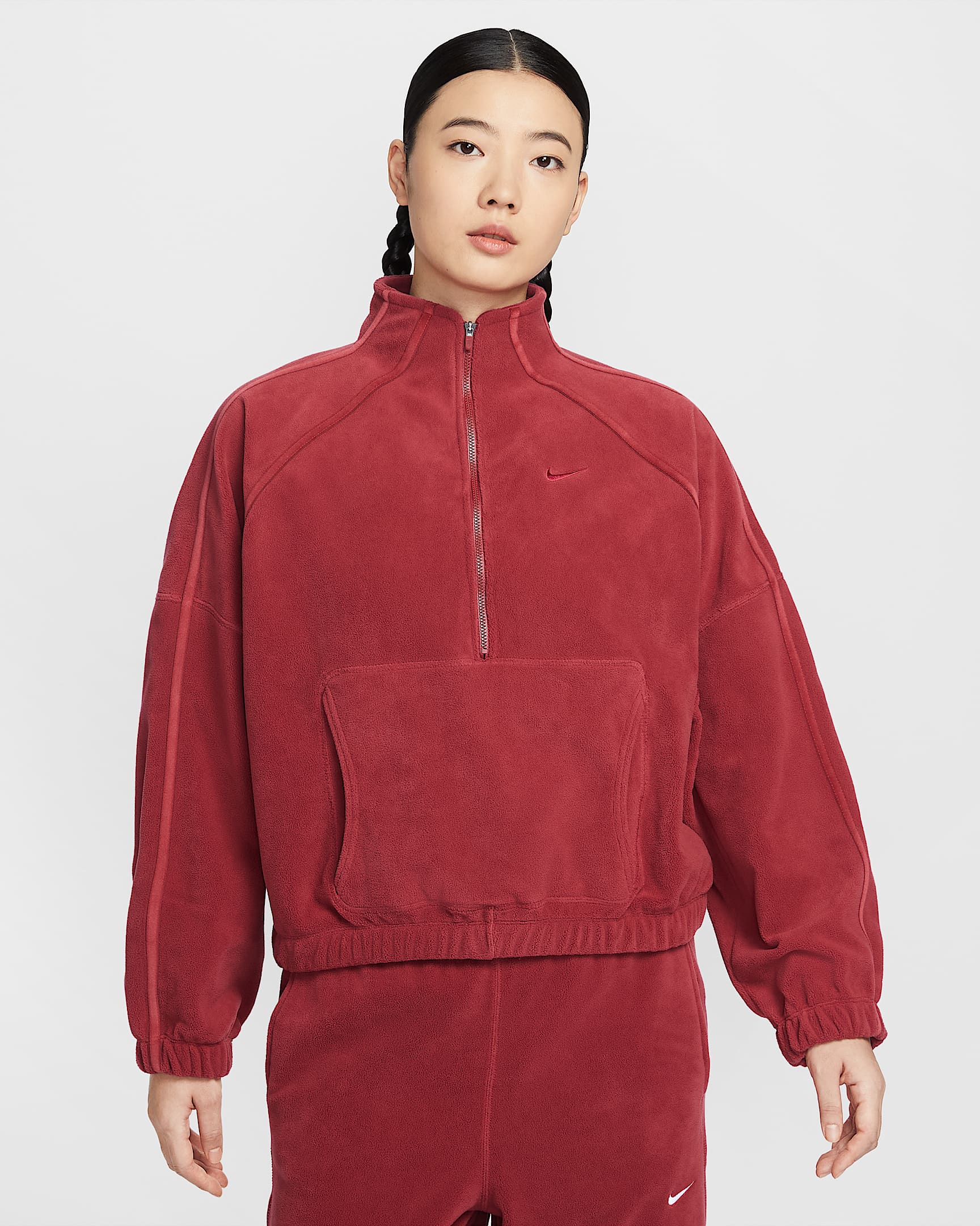 Nike One Therma-FIT 女子摇粒绒半长拉链开襟上衣 - 深队红/热恋红