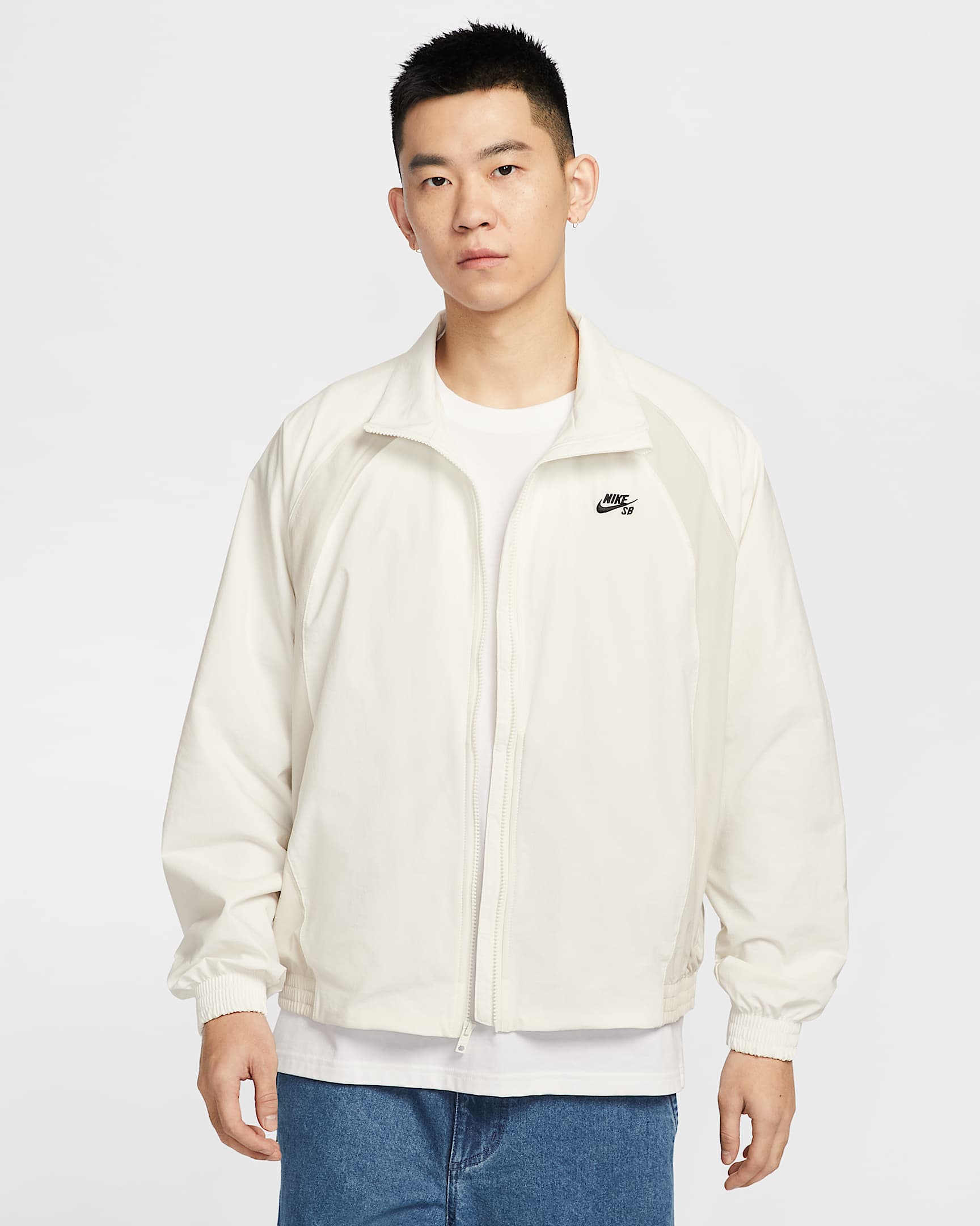 Nike SB 男子全长拉链开襟梭织超宽松滑板夹克 - 帆白/浅骨色/黑