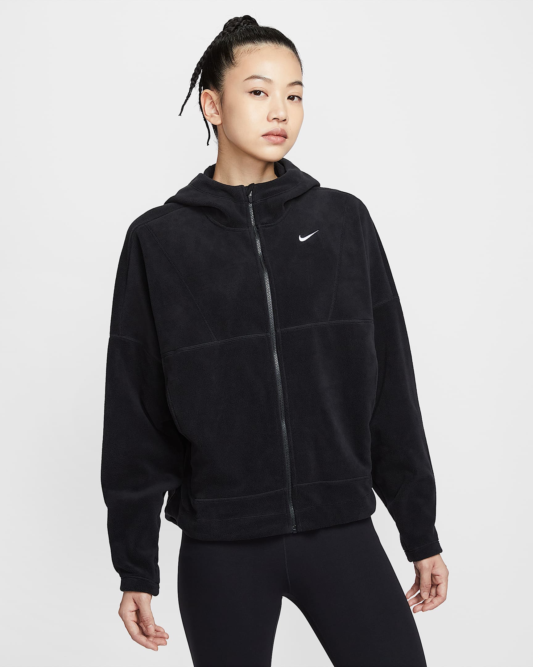 Nike One Therma-FIT 女子摇粒绒全长拉链开襟上衣 - 黑/白色