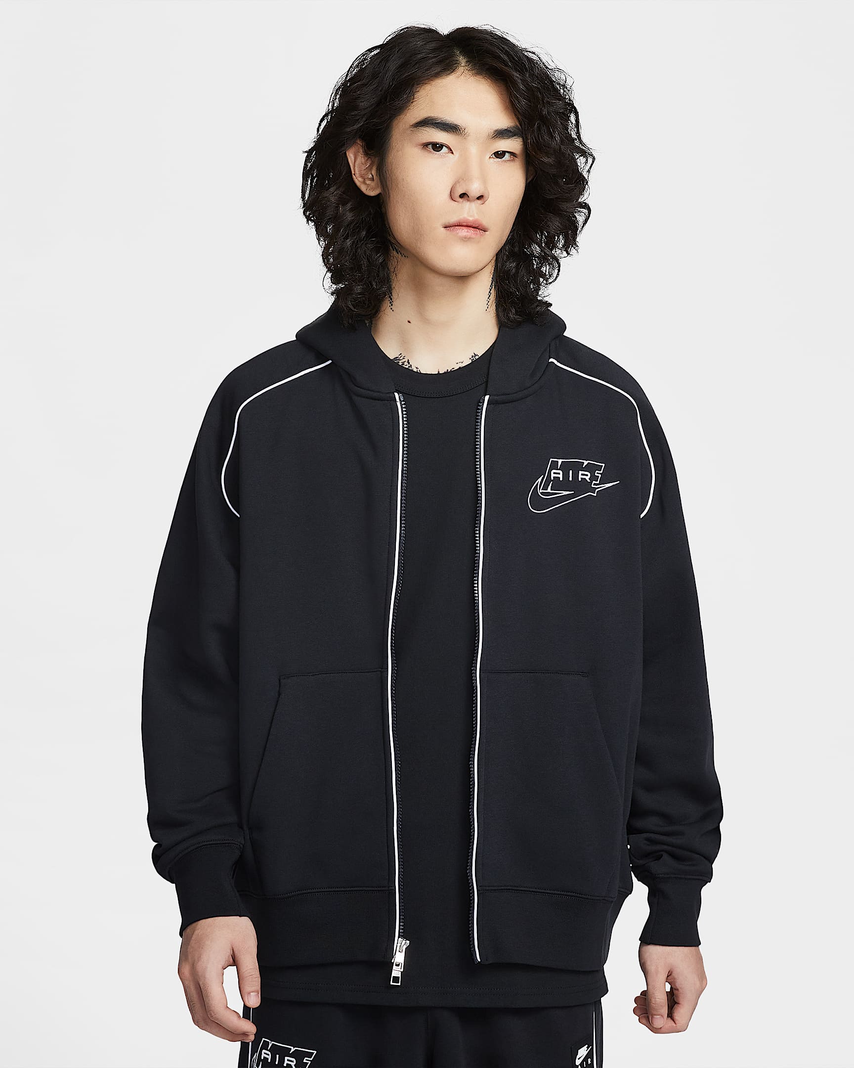 Nike Air 男子全长拉链开襟加绒连帽衫 - 黑/白色/白色