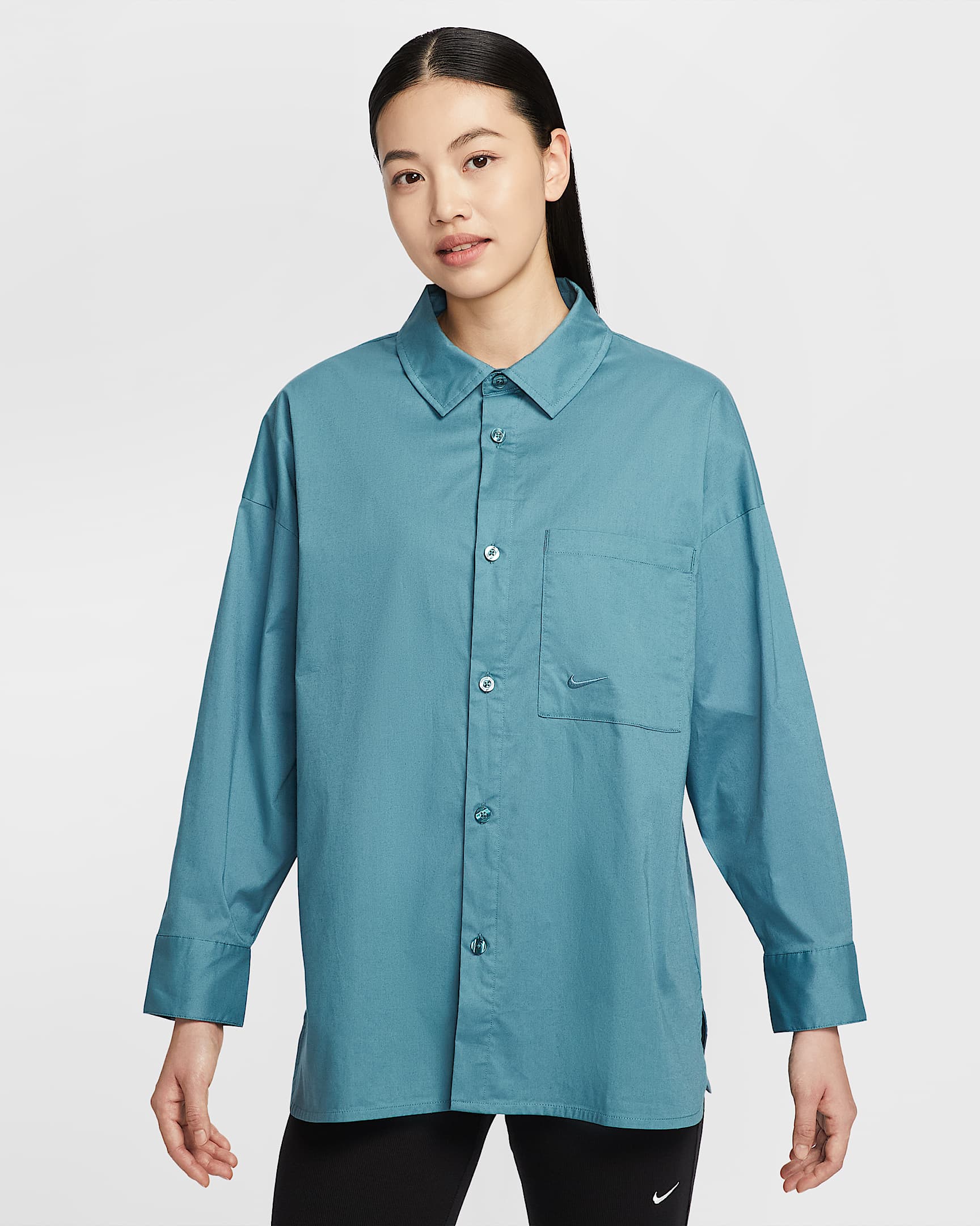 Nike Sportswear Chill Poplin 女子宽松长袖纽扣上衣 - 烟灰蓝/烟灰蓝
