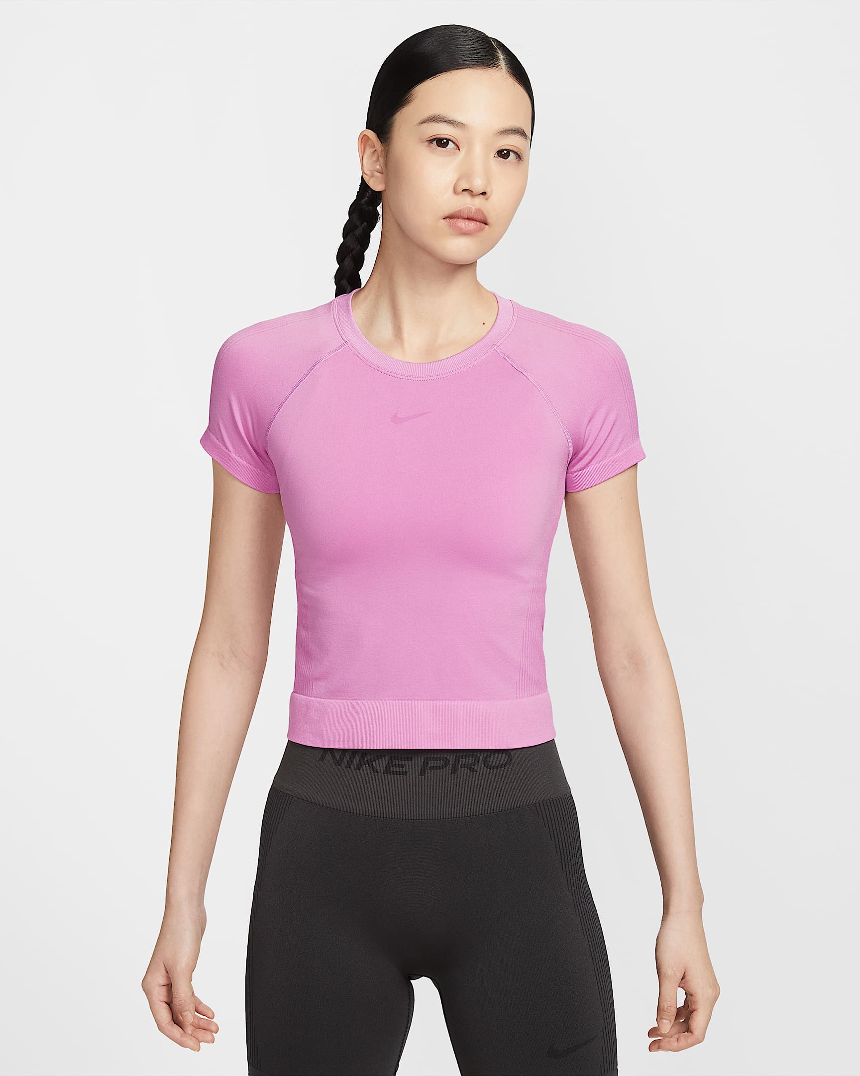 Nike Pro Dri-FIT 女子平整缝线速干紧身训练T恤 - 浅品红