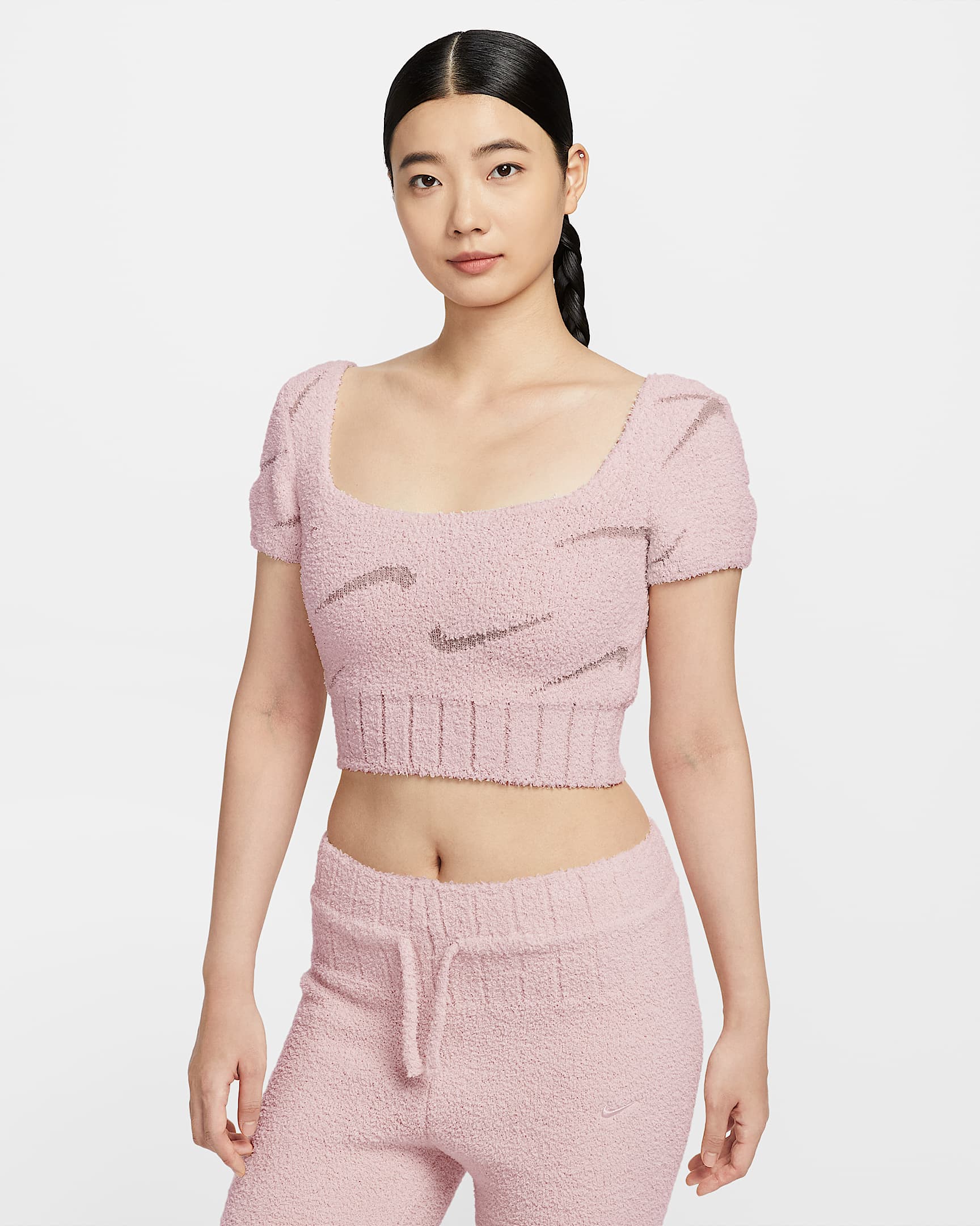 Nike Sportswear Phoenix Cozy Bouclé 女子紧身短袖短款针织上衣 - 砂岩灰粉/麦芽黄/砂岩灰粉