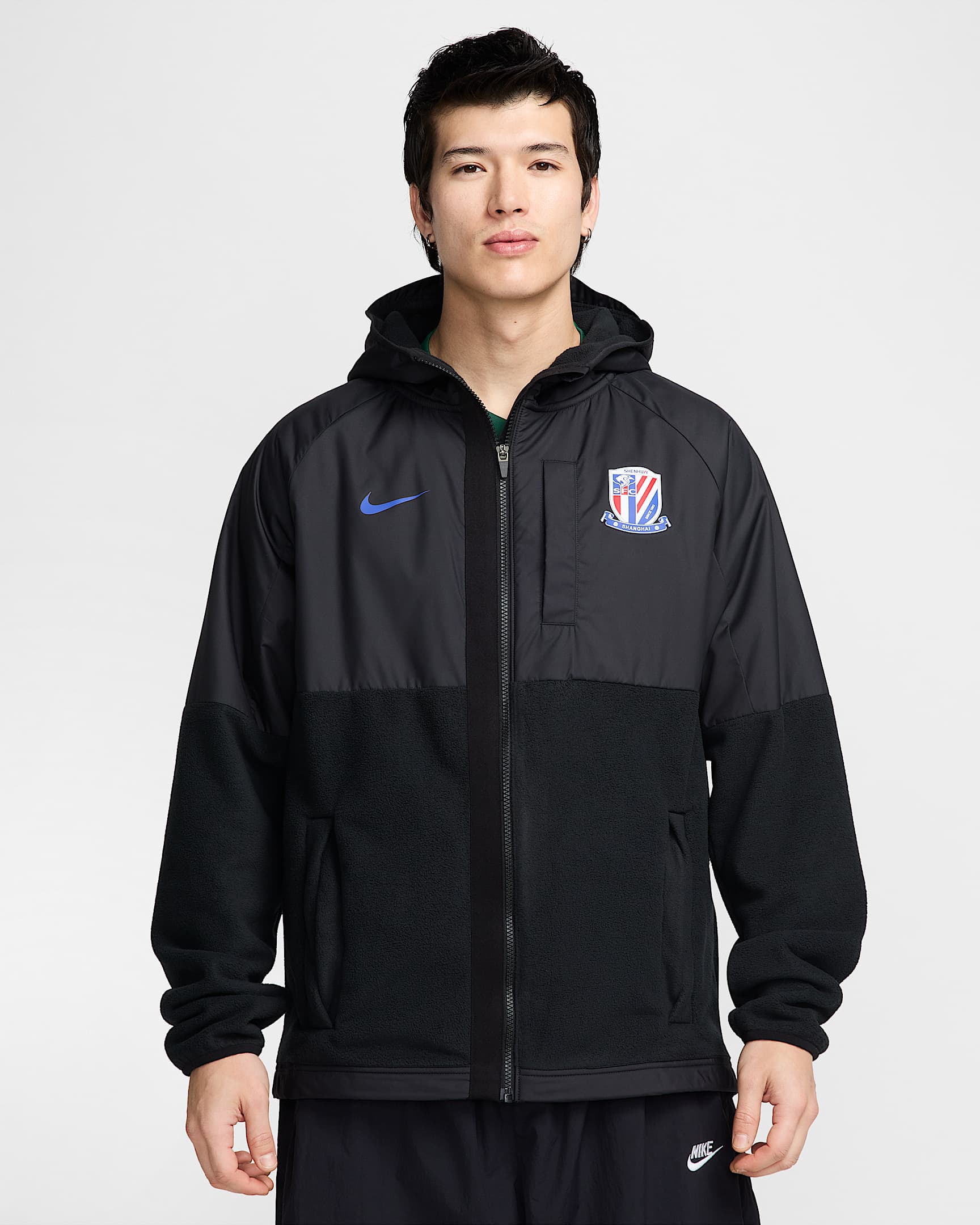 2024/25 赛季上海申花 AWF Nike 男子摇粒绒夹克 - 黑/校园宝蓝