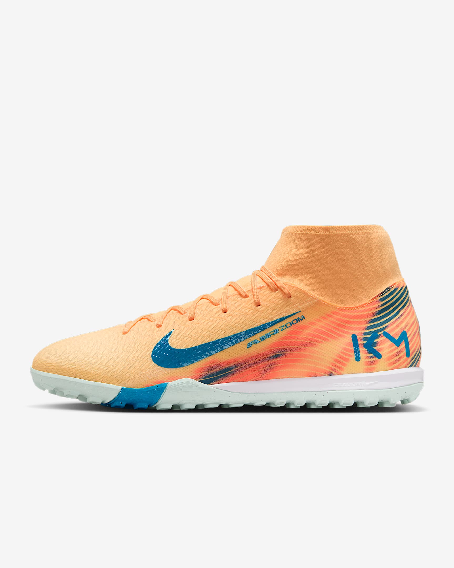 Nike Mercurial Superfly 10 Academy "Kylian Mbappé" 耐克刺客系列姆巴佩人造场地高帮足球鞋 - 浅甜瓜橙/伊格鲁蓝/孔雀蓝