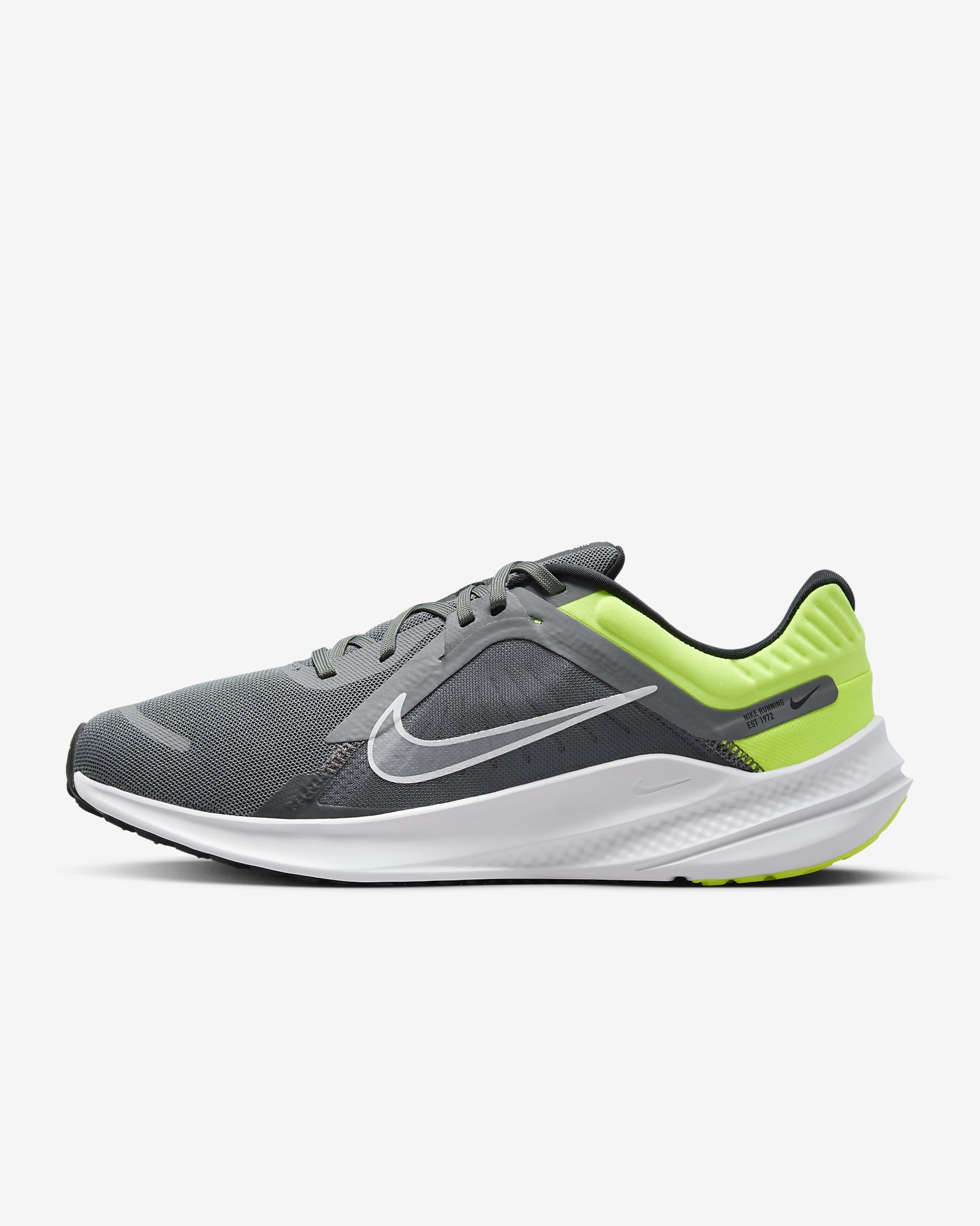 Nike Quest 5 男子透气轻盈缓震公路跑步鞋 - 烟灰/荧光黄/黑/白色