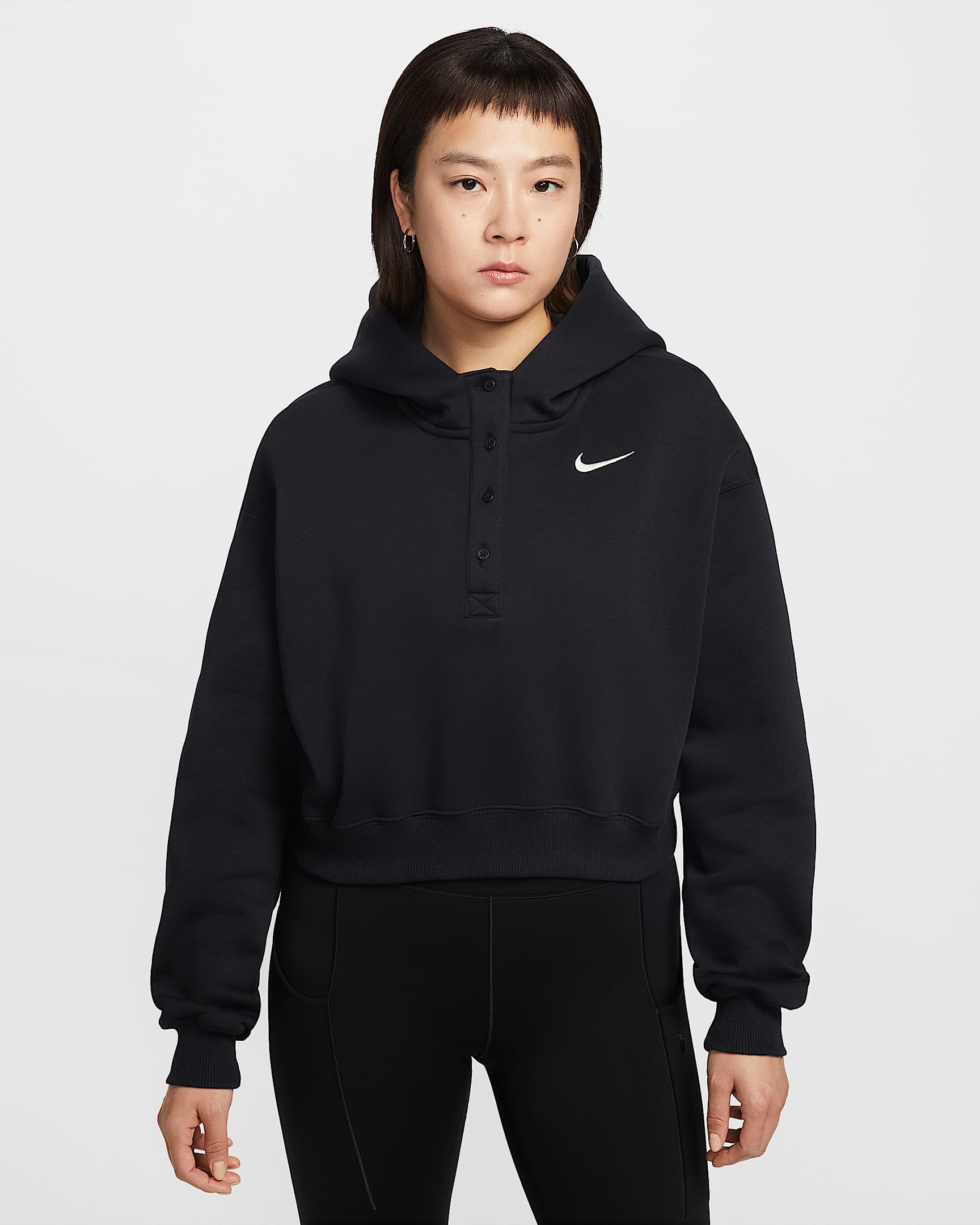 Nike Phoenix Fleece 女子 Oversize 风加绒短款连帽衫 - 黑/帆白