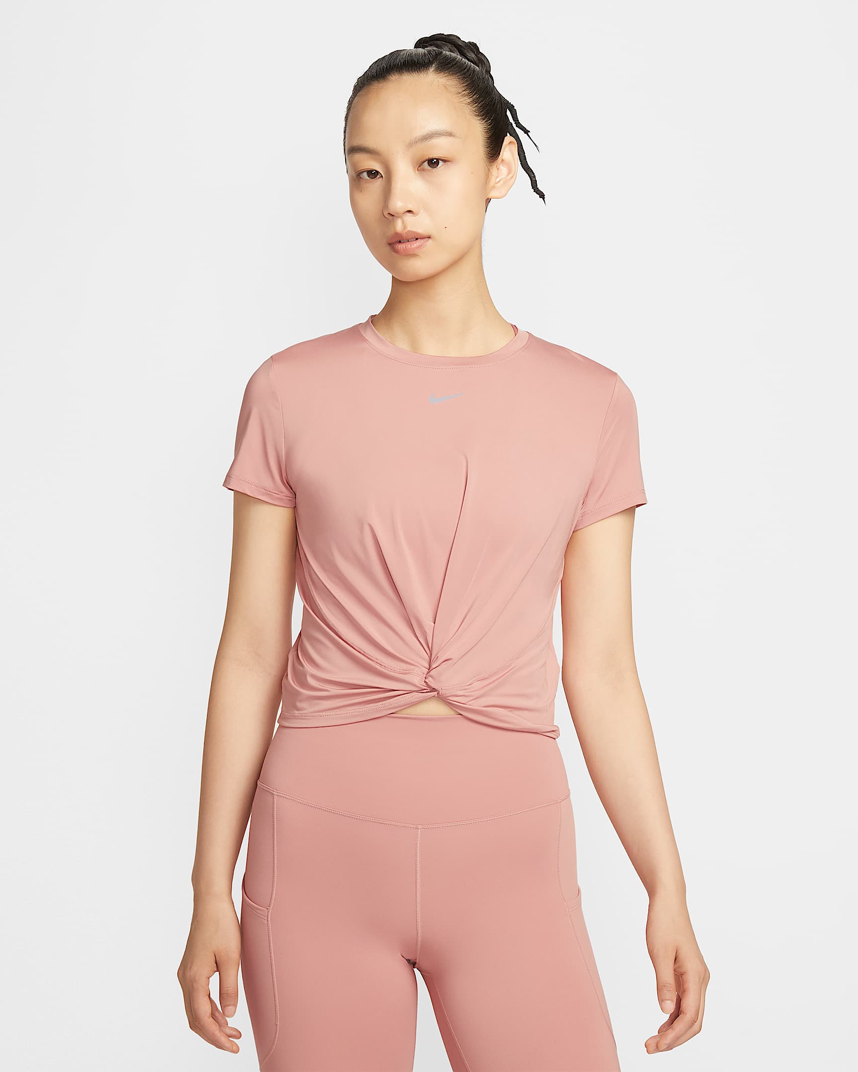 Nike One Classic Twist Dri-FIT 女子速干扭结设计短袖上衣 - 锈粉/白色