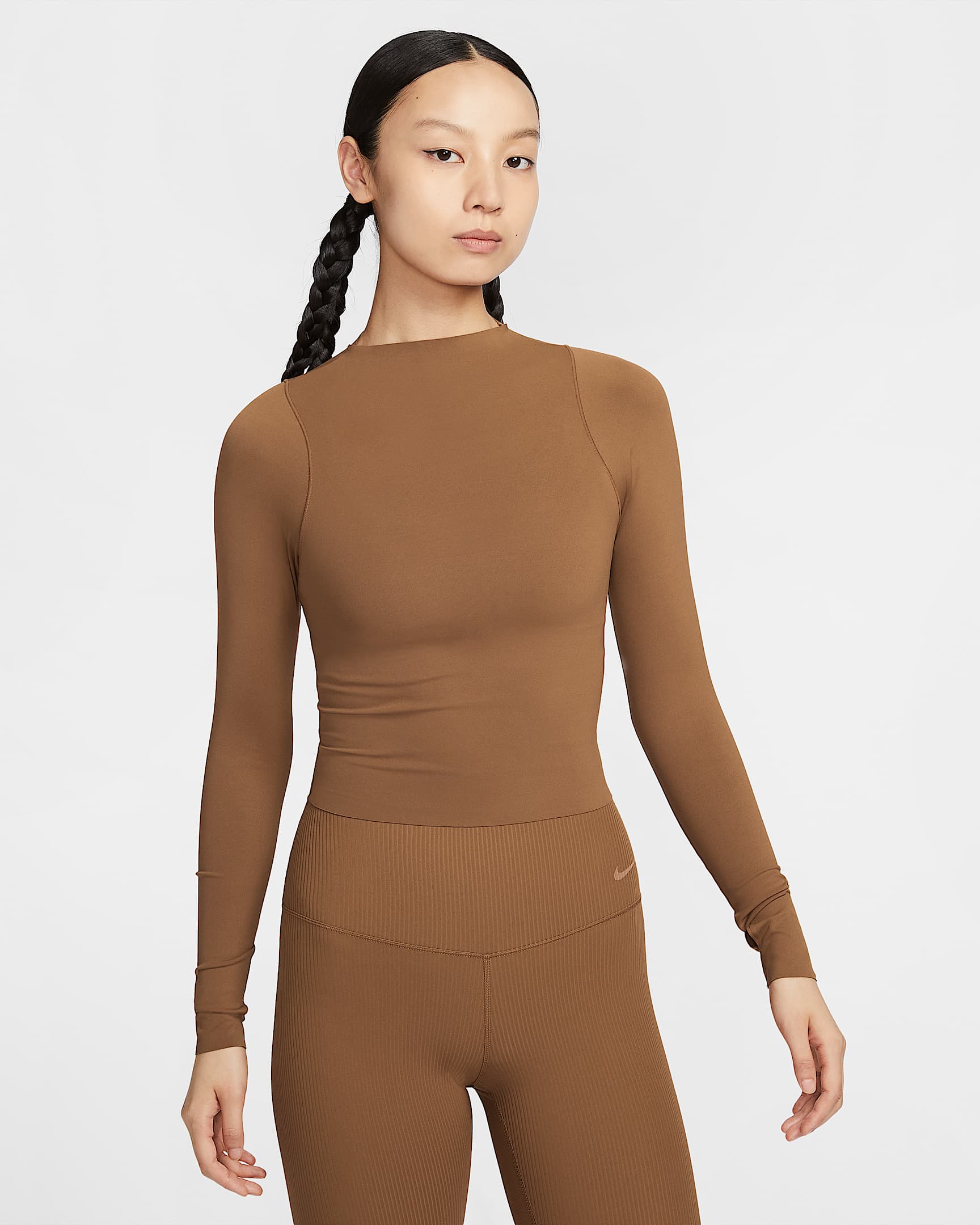 Nike Zenvy Dri-FIT 女子裸感亲肤透气速干长袖上衣 - 浅英国褐/白色