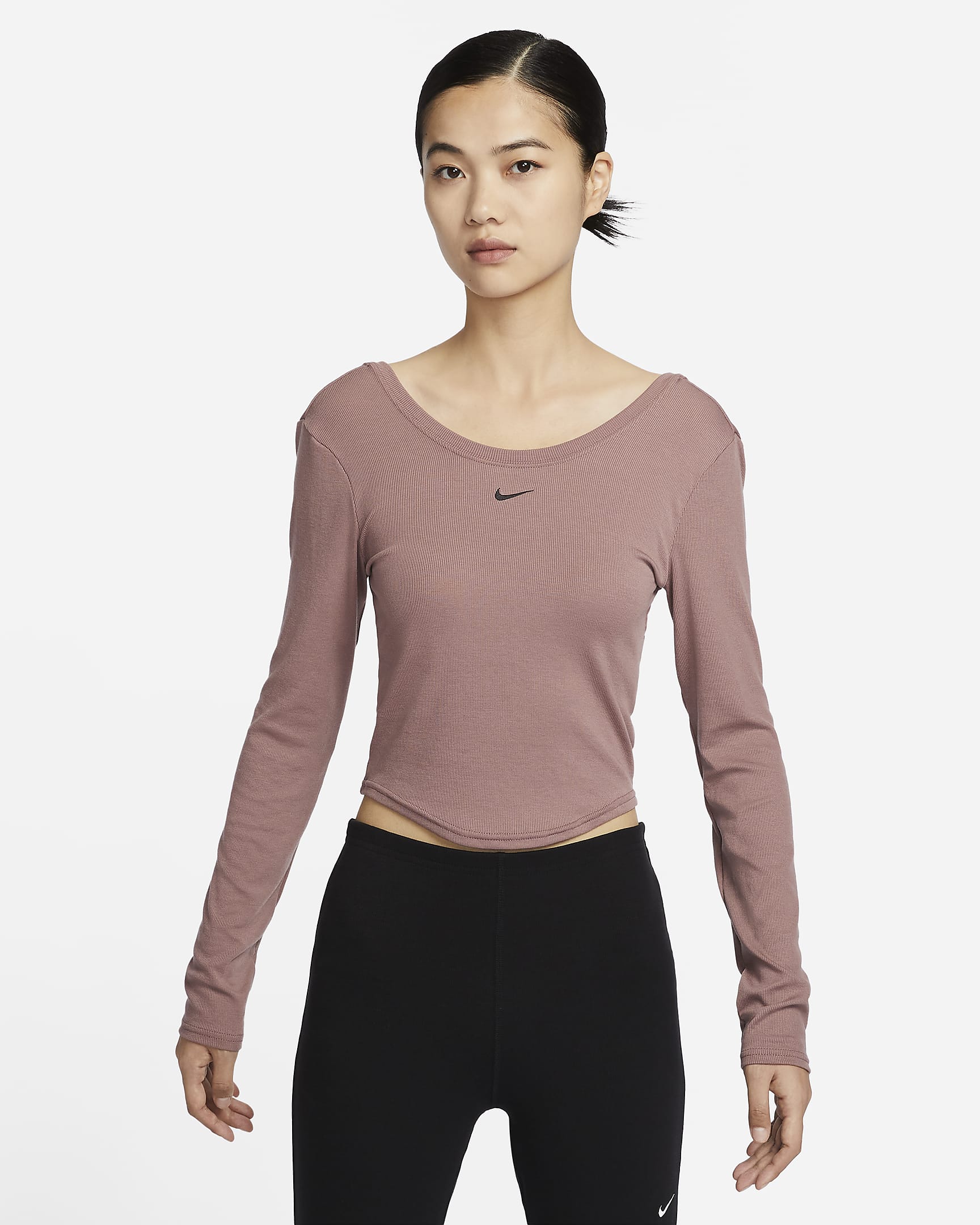 Nike Sportswear Chill Knit 女子紧身大圆领低背长袖细罗纹上衣 - 烟灰紫红/黑