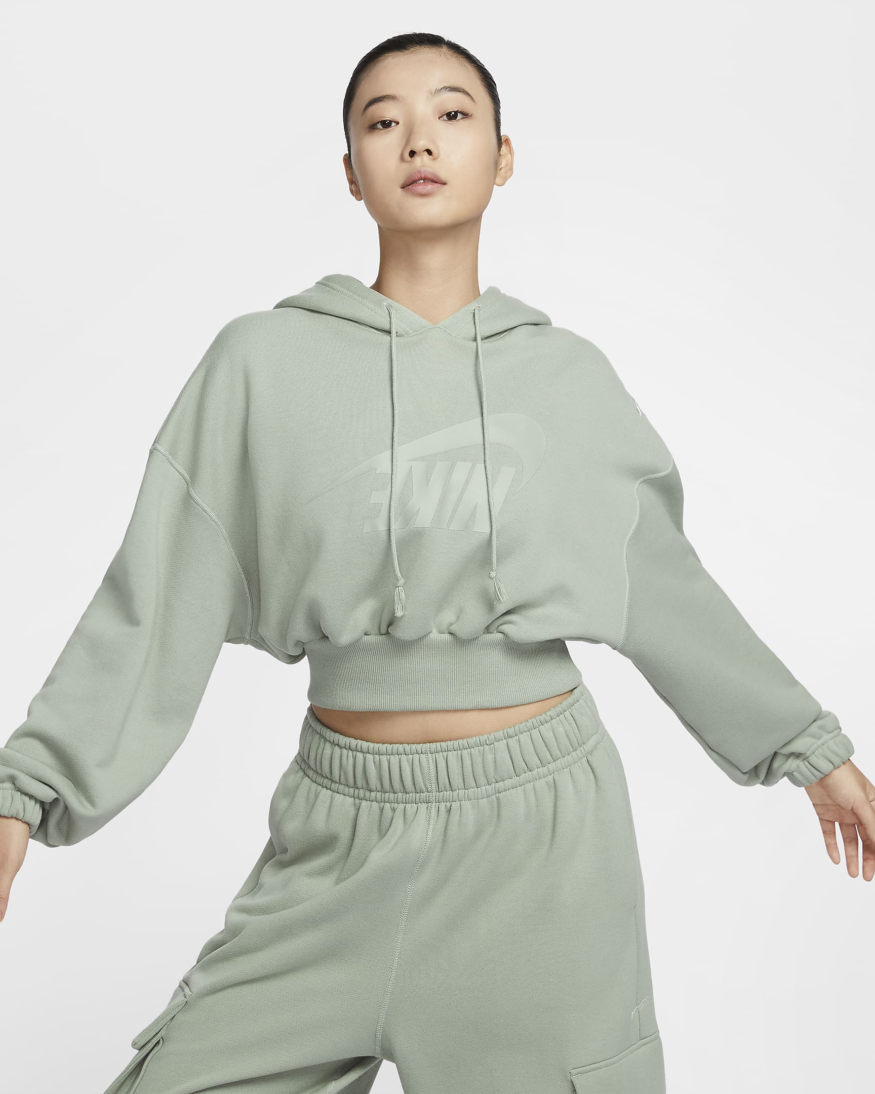 Nike Sportswear 女子 Oversize 风短款法式毛圈套头连帽衫 - 地平线绿/地平线绿