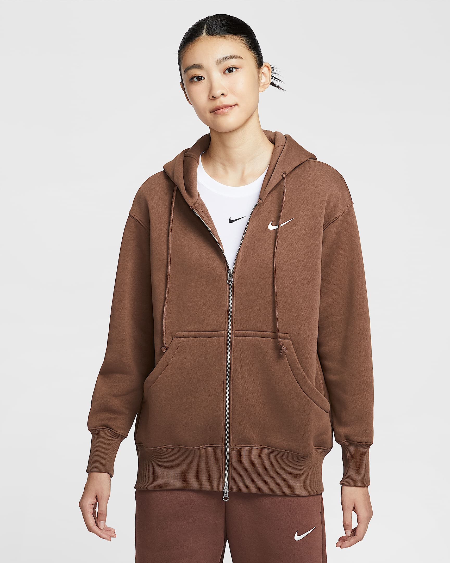 Nike Sportswear Phoenix Fleece 女子 Oversize 风全长拉链开襟加绒连帽衫 - 动物群棕/帆白