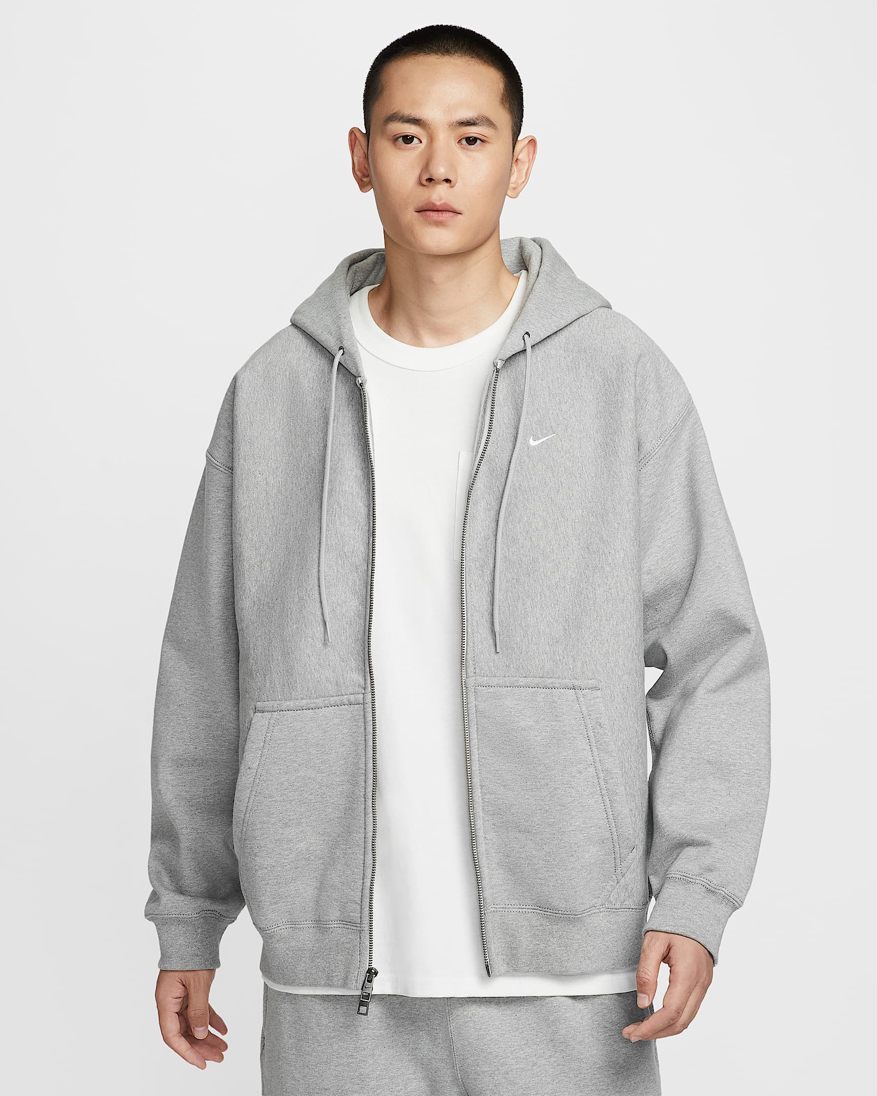 Nike Solo Swoosh 男子全长拉链开襟加绒连帽衫 - 调色暗灰/浅烟灰/白色
